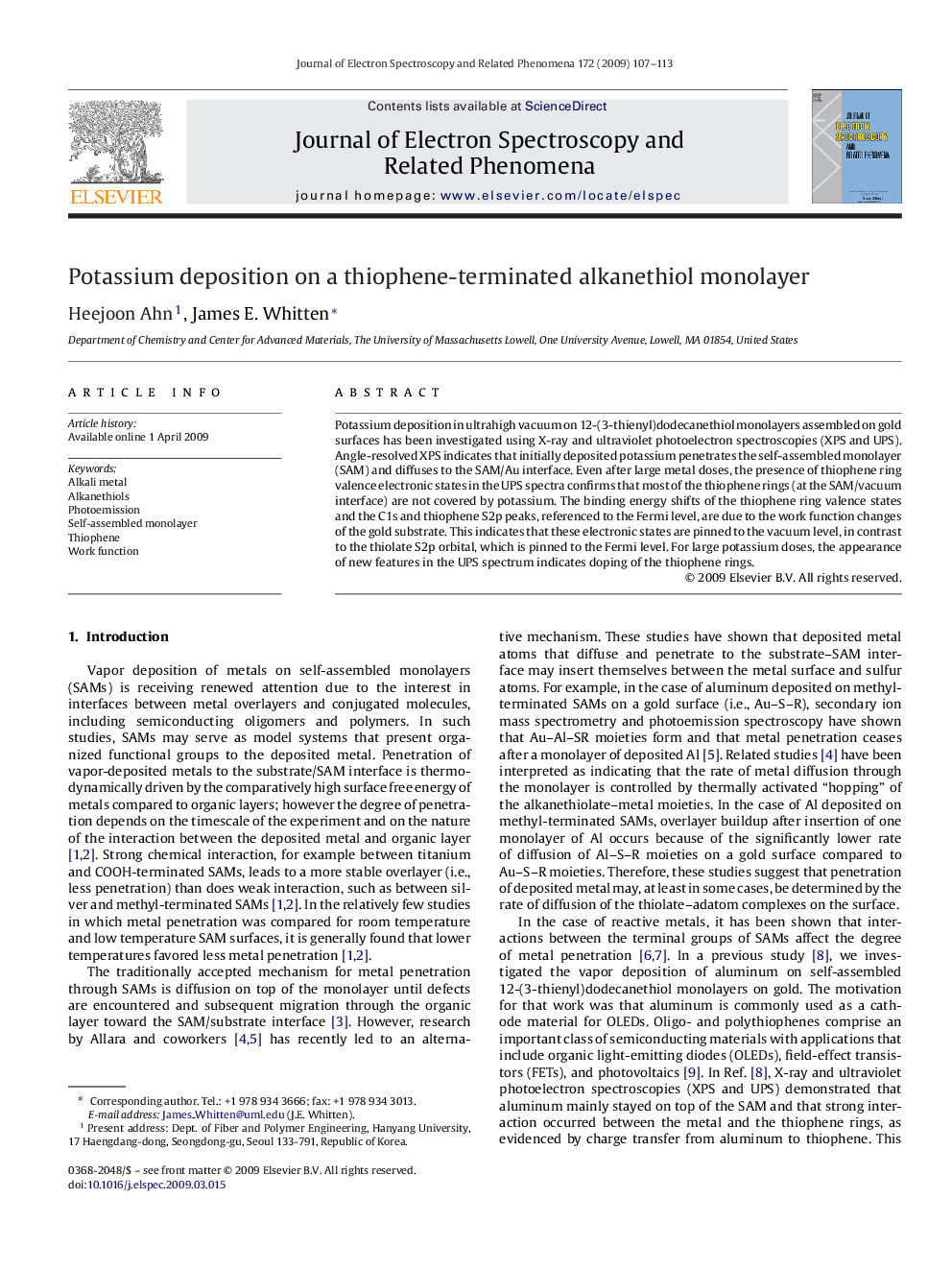 Potassium deposition on a thiophene-terminated alkanethiol monolayer