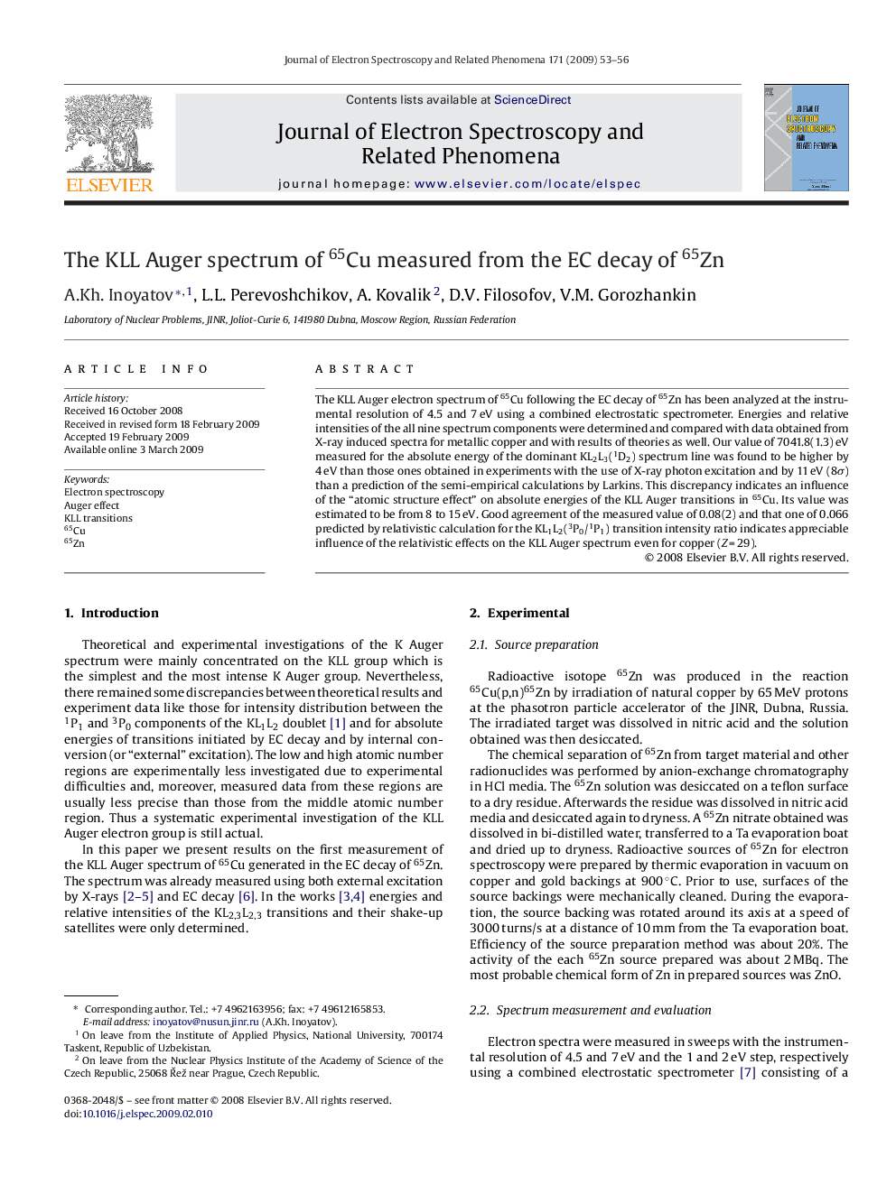 The KLL Auger spectrum of 65Cu measured from the EC decay of 65Zn