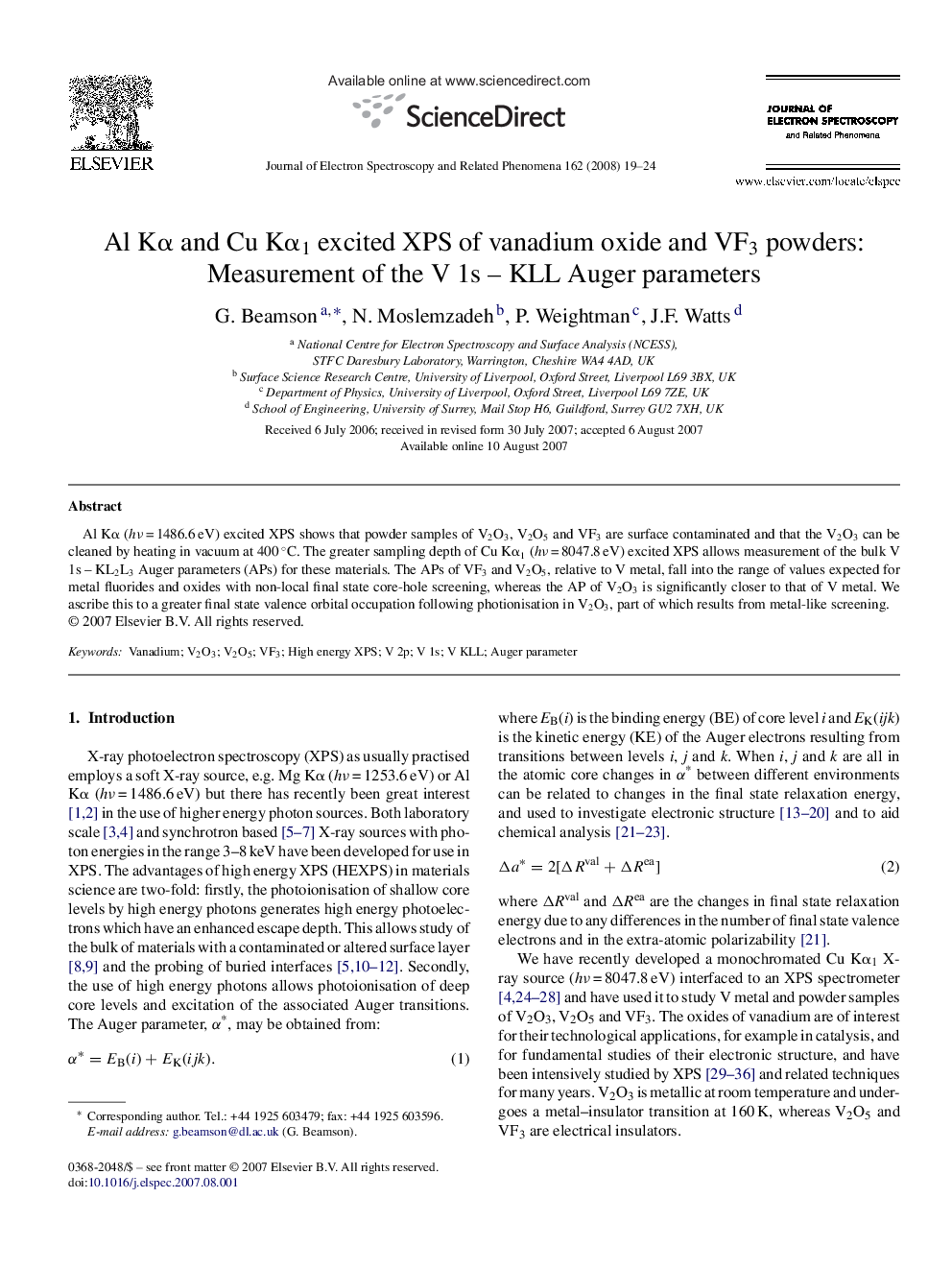 Al KÎ± and Cu KÎ±1 excited XPS of vanadium oxide and VF3 powders: Measurement of the V 1s - KLL Auger parameters