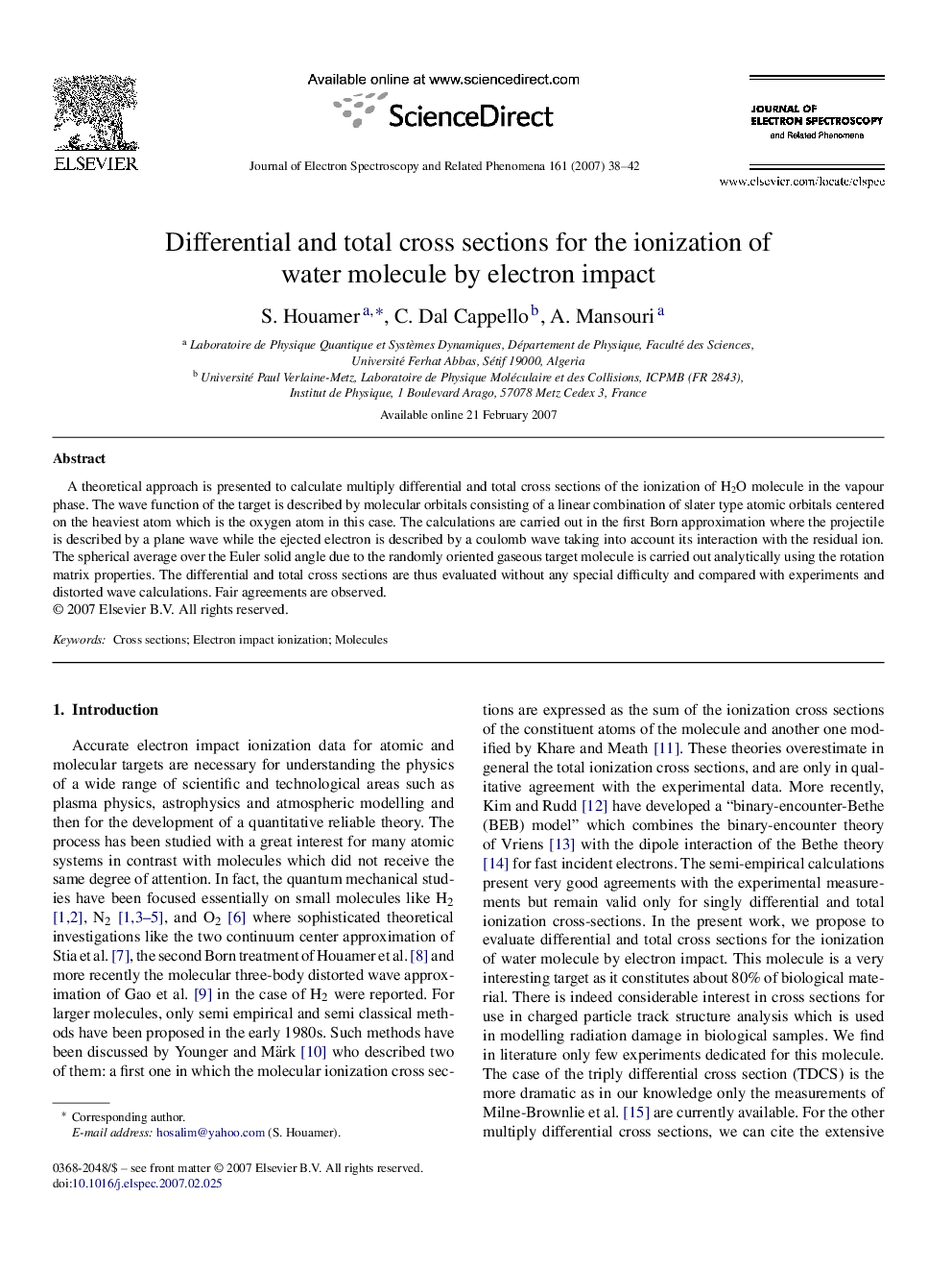 Differential and total cross sections for the ionization of water molecule by electron impact