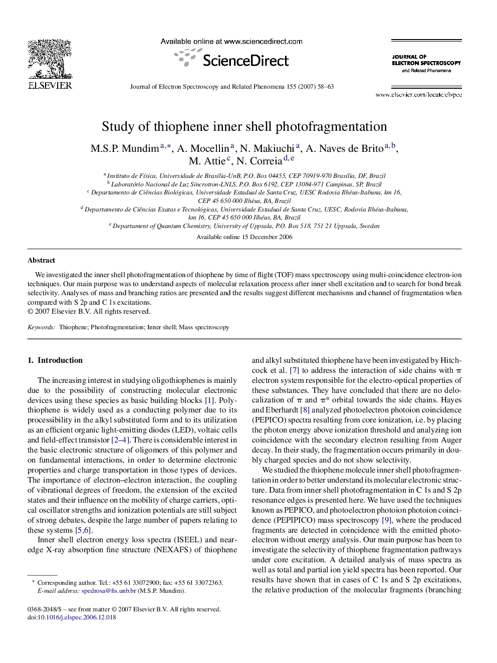 Study of thiophene inner shell photofragmentation