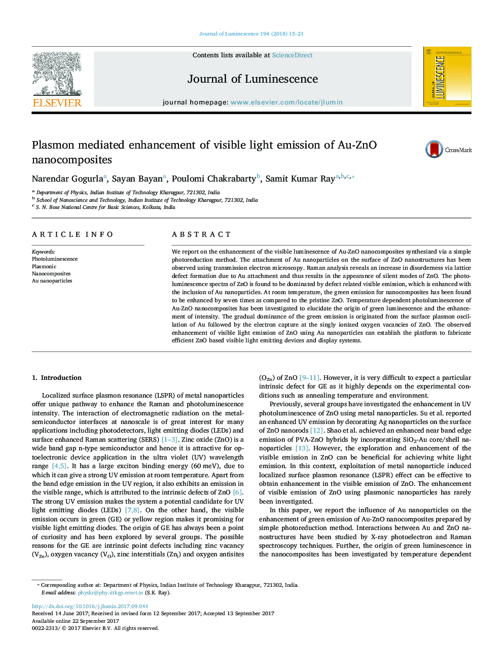 Plasmon mediated enhancement of visible light emission of Au-ZnO nanocomposites