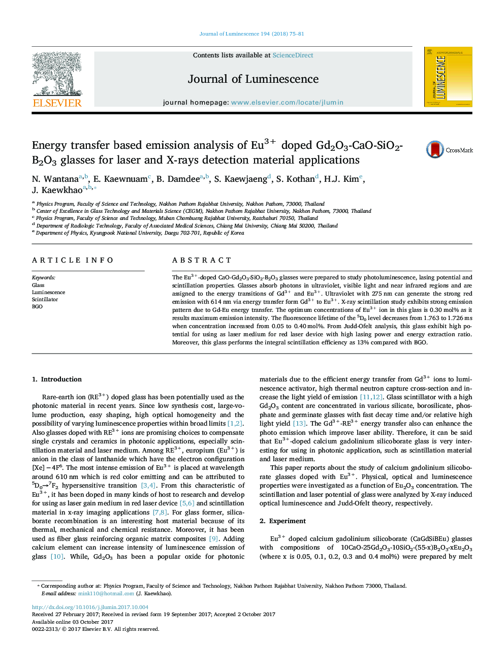 Energy transfer based emission analysis of Eu3+ doped Gd2O3-CaO-SiO2-B2O3 glasses for laser and X-rays detection material applications