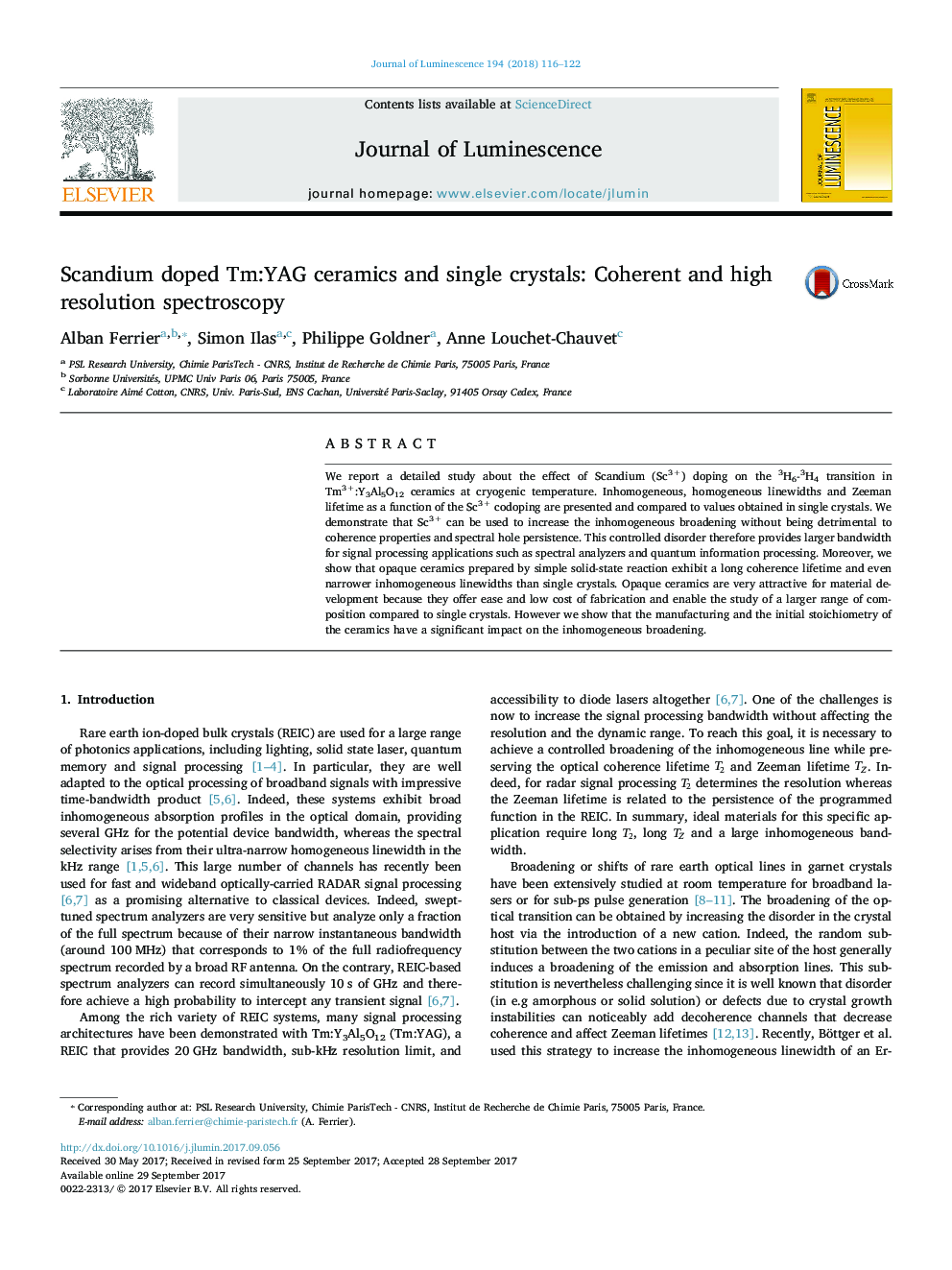 Scandium doped Tm:YAG ceramics and single crystals: Coherent and high resolution spectroscopy