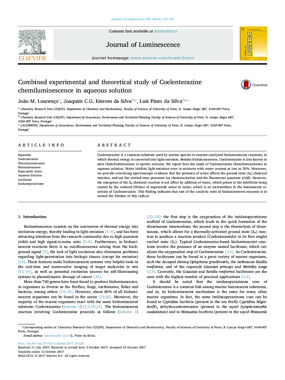Combined experimental and theoretical study of Coelenterazine chemiluminescence in aqueous solution
