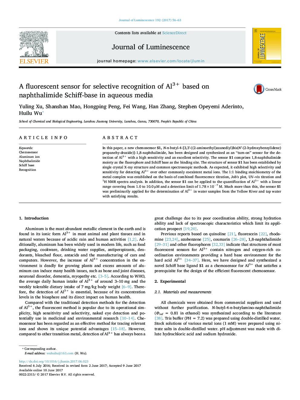 A fluorescent sensor for selective recognition of Al3+ based on naphthalimide Schiff-base in aqueous media