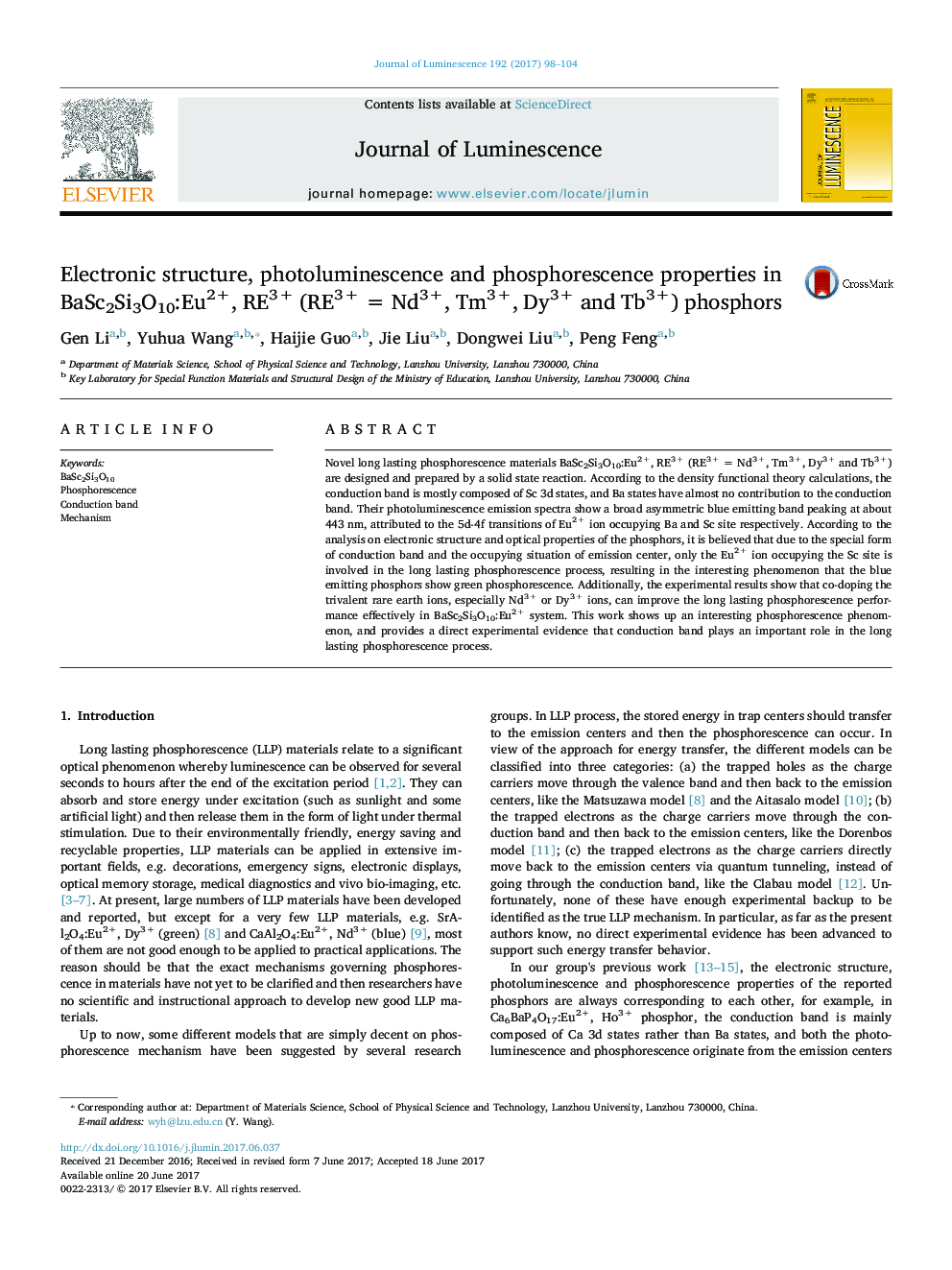 Electronic structure, photoluminescence and phosphorescence properties in BaSc2Si3O10:Eu2+, RE3+ (RE3+ = Nd3+, Tm3+, Dy3+ and Tb3+) phosphors