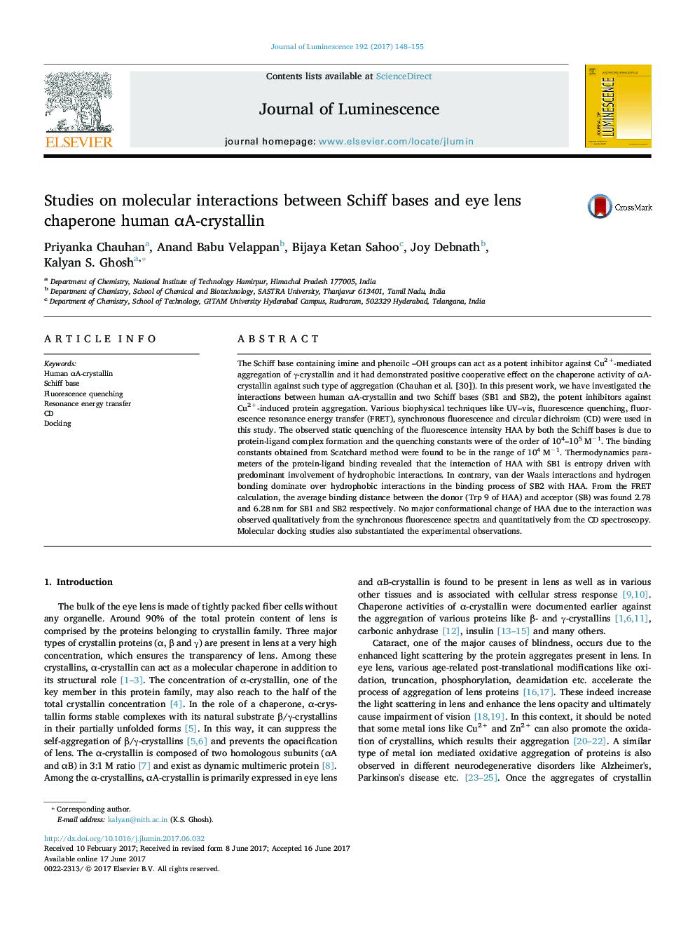 Studies on molecular interactions between Schiff bases and eye lens chaperone human Î±A-crystallin