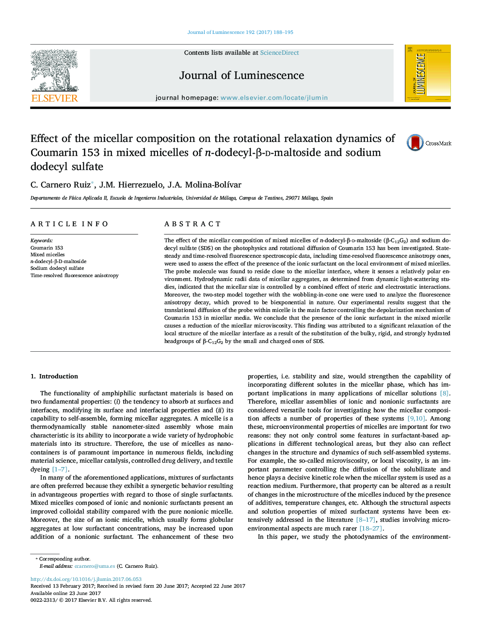 Effect of the micellar composition on the rotational relaxation dynamics of Coumarin 153 in mixed micelles of n-dodecyl-Î²-d-maltoside and sodium dodecyl sulfate