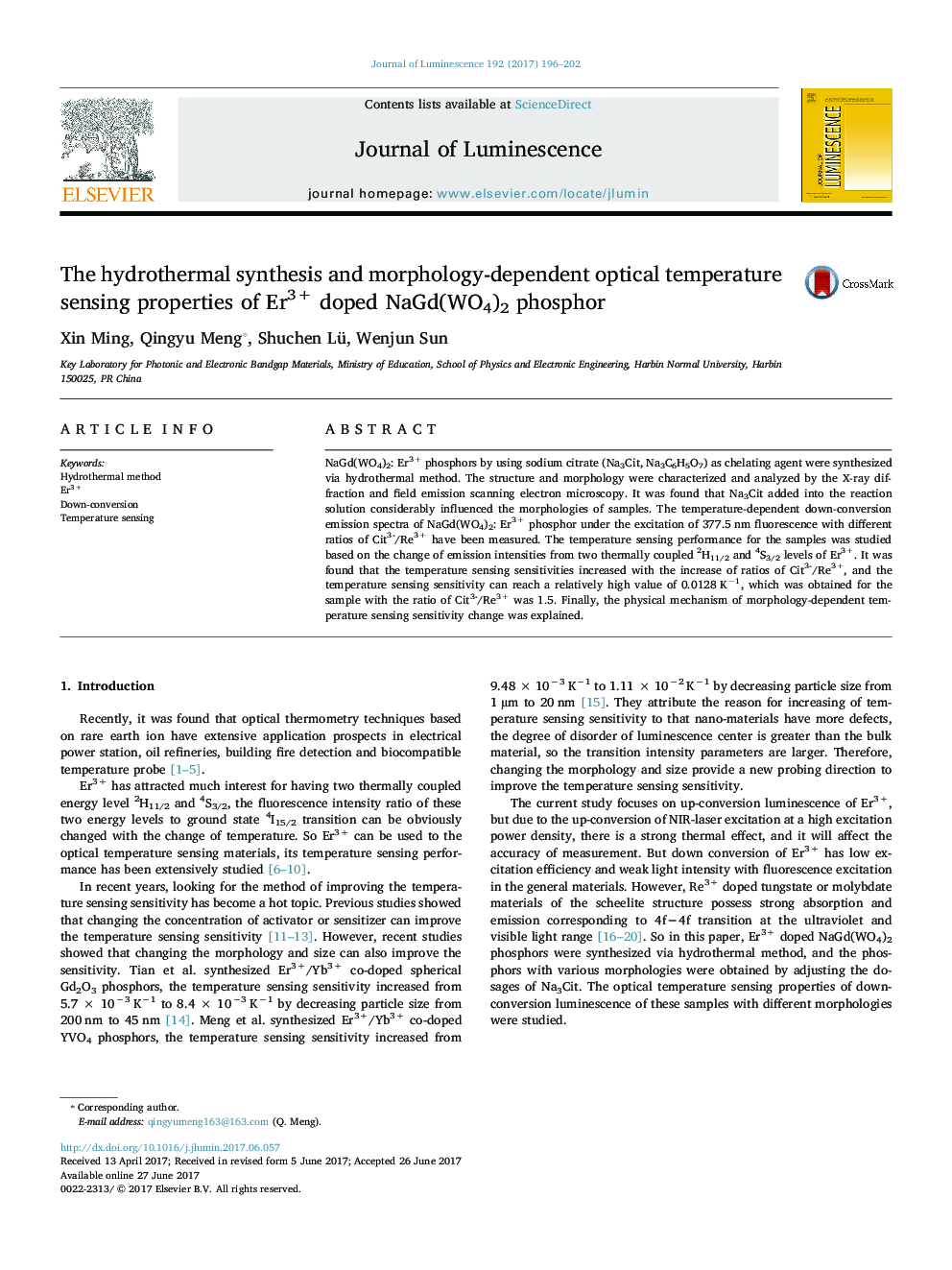 The hydrothermal synthesis and morphology-dependent optical temperature sensing properties of Er3+ doped NaGd(WO4)2 phosphor