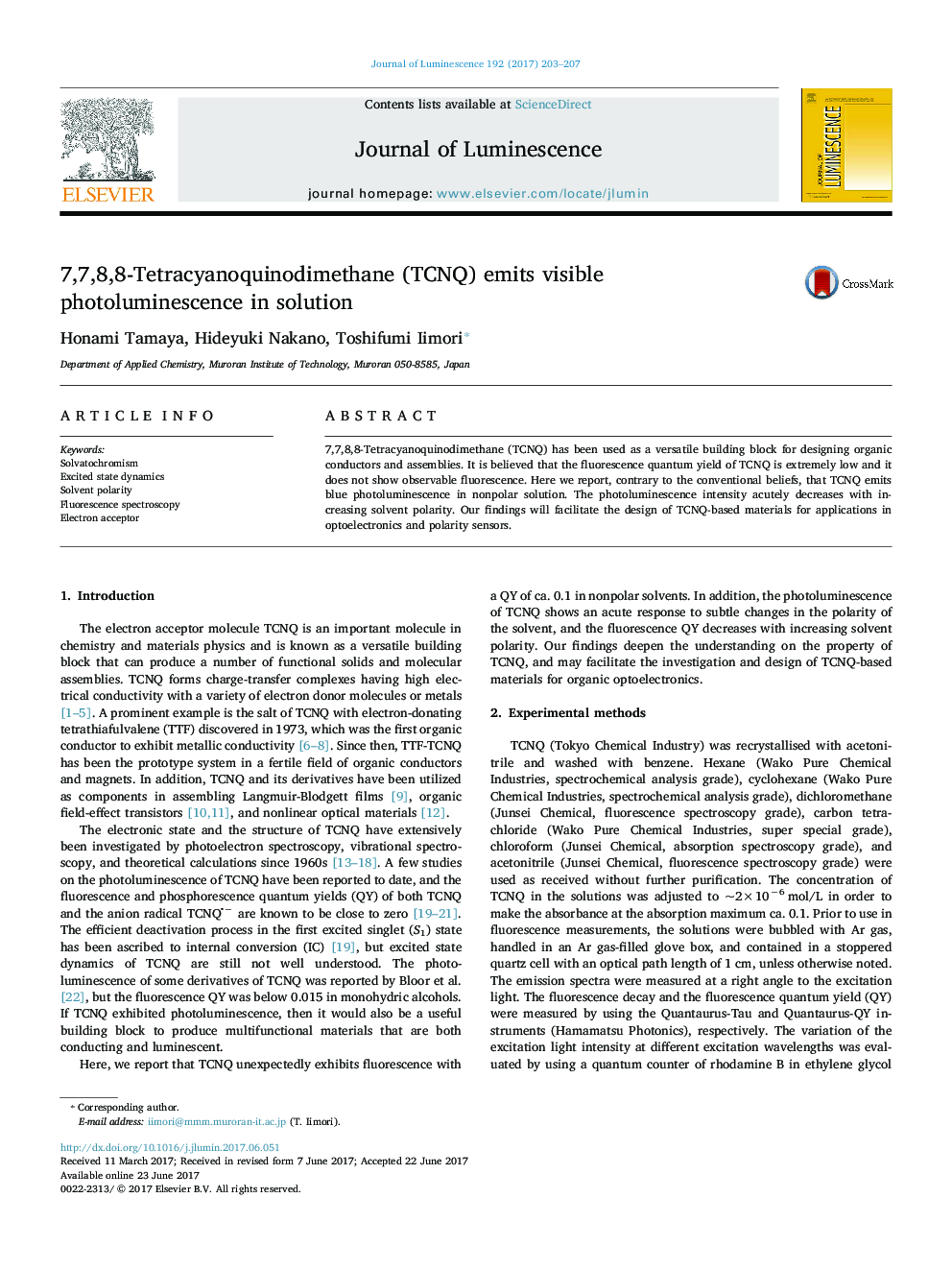 7,7,8,8-Tetracyanoquinodimethane (TCNQ) emits visible photoluminescence in solution