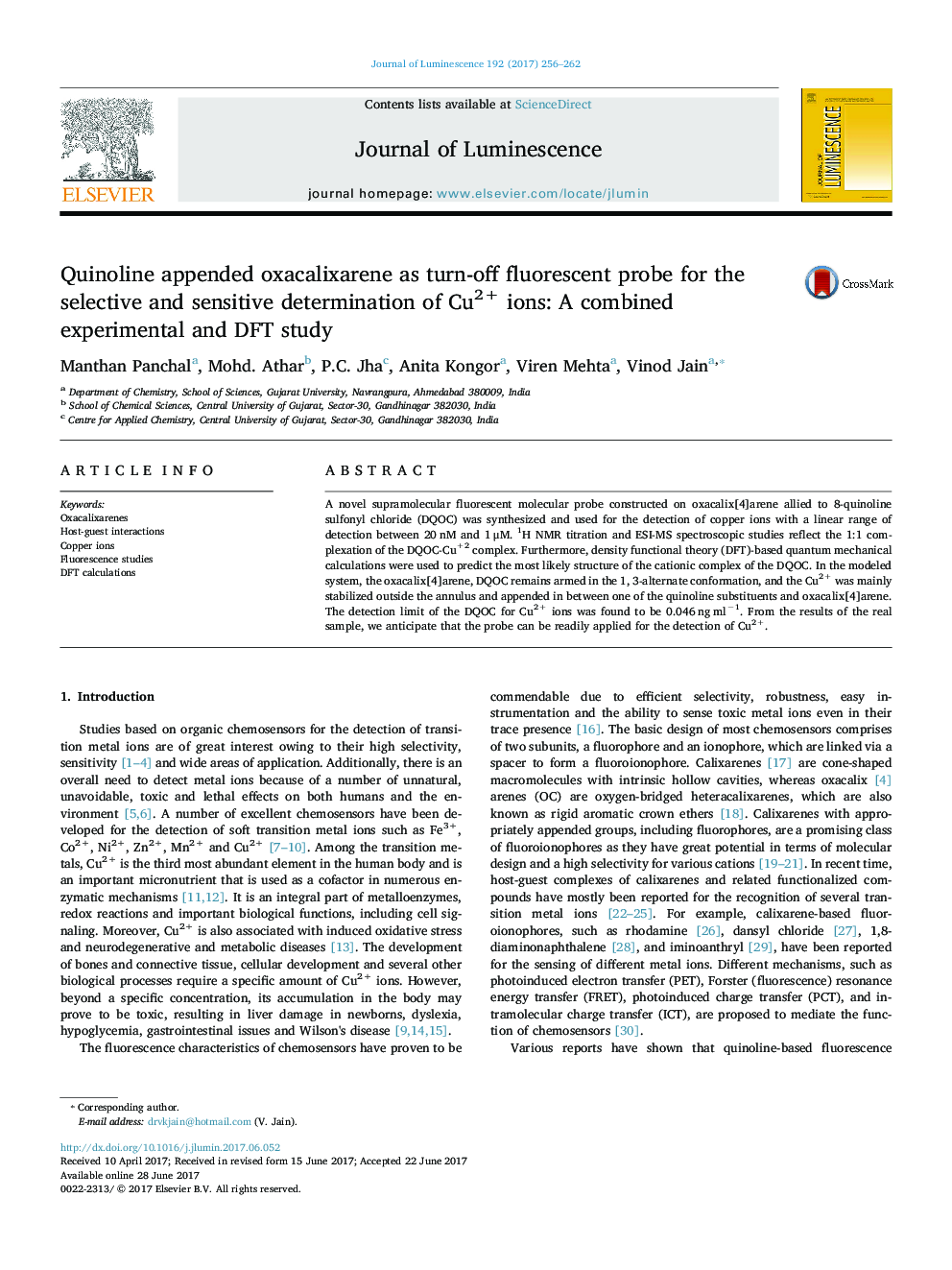 Quinoline appended oxacalixarene as turn-off fluorescent probe for the selective and sensitive determination of Cu2+ ions: A combined experimental and DFT study