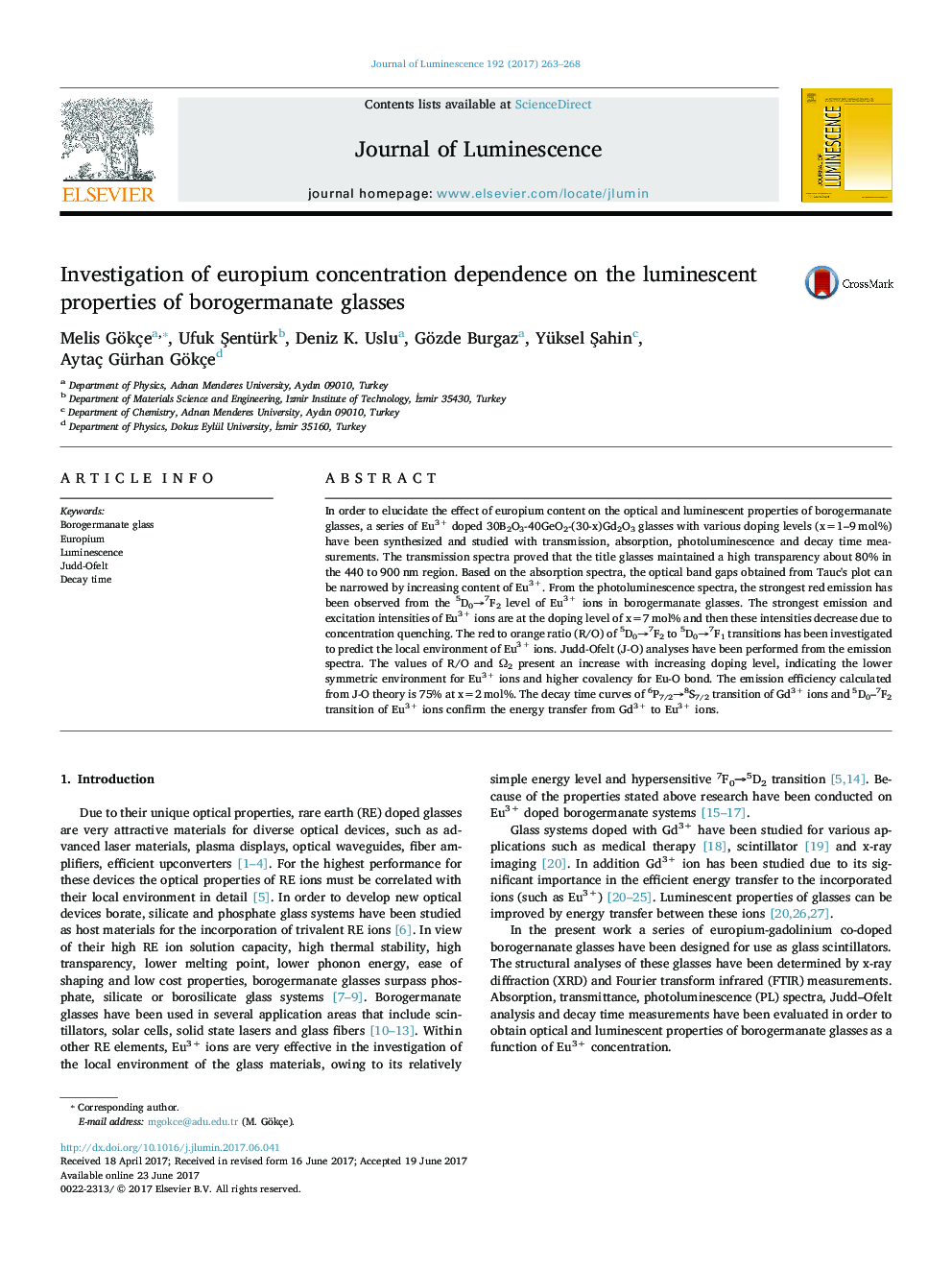 Investigation of europium concentration dependence on the luminescent properties of borogermanate glasses