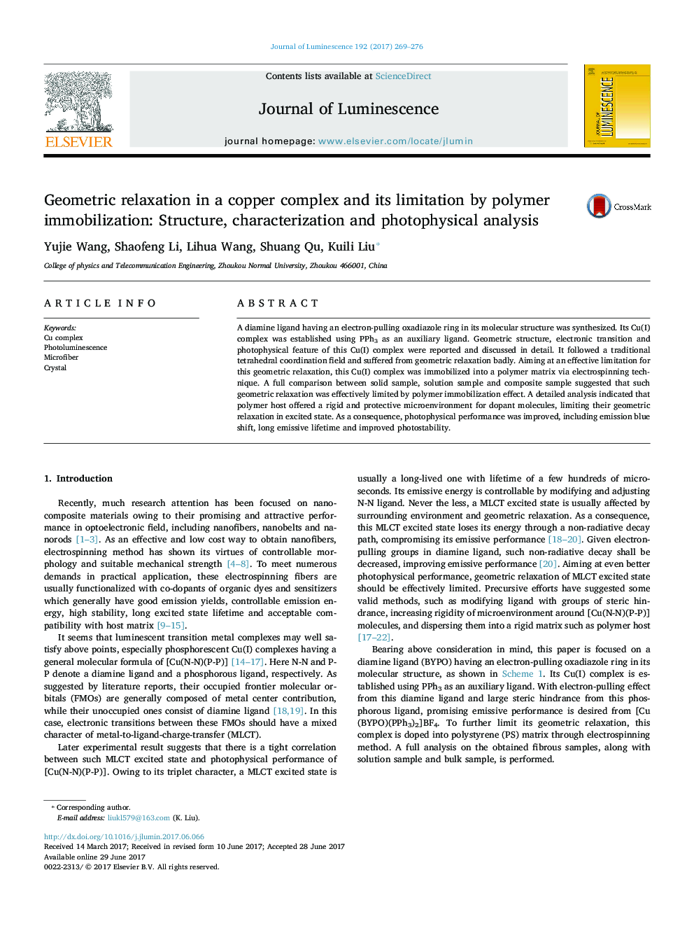 Geometric relaxation in a copper complex and its limitation by polymer immobilization: Structure, characterization and photophysical analysis