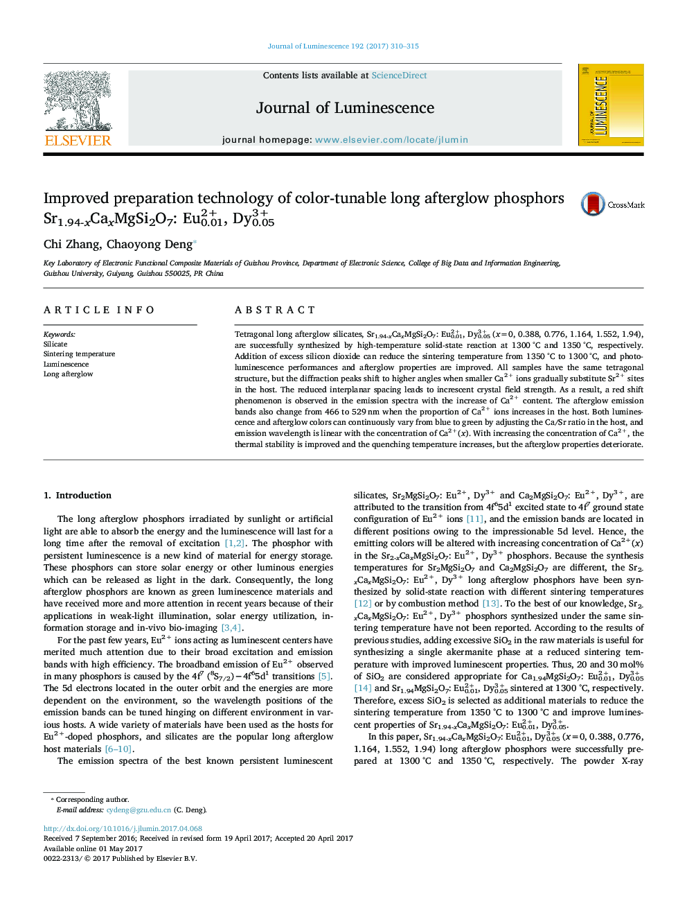 Improved preparation technology of color-tunable long afterglow phosphors Sr1.94-xCaxMgSi2O7: Eu2+0.01, Dy3+0.05