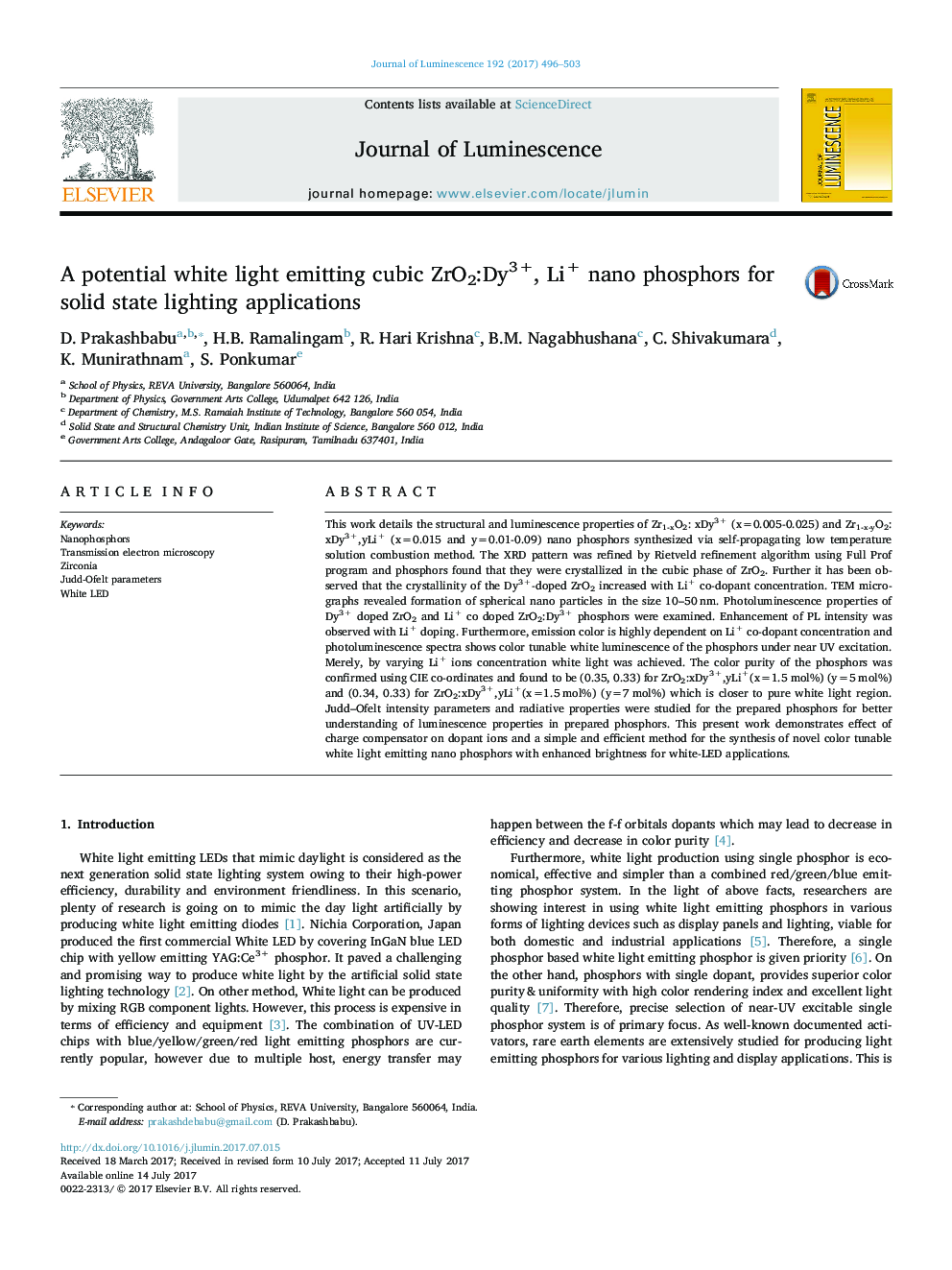 A potential white light emitting cubic ZrO2:Dy3+,Â Li+ nano phosphors for solid state lighting applications