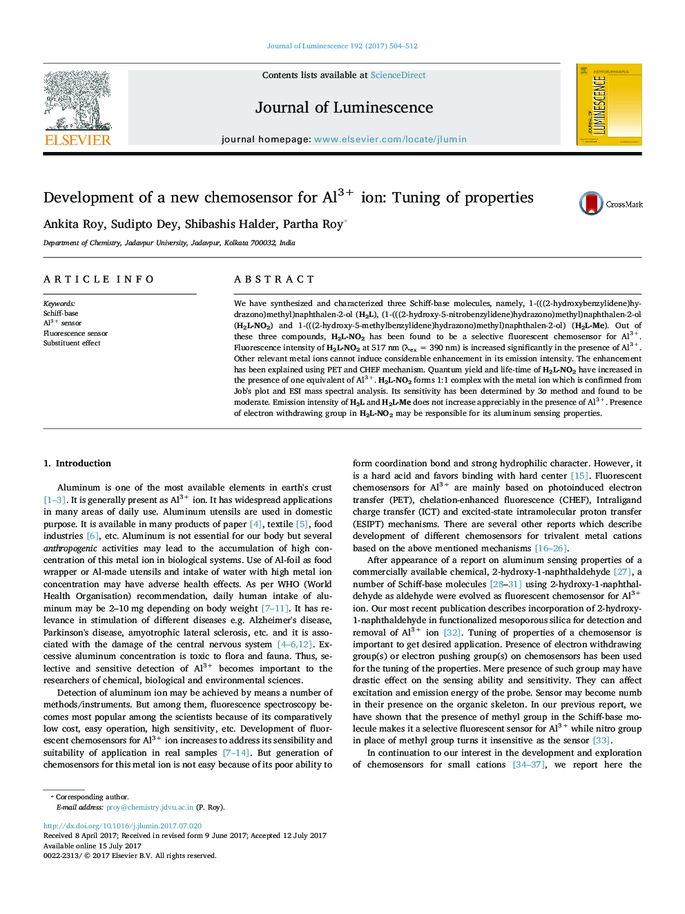 Development of a new chemosensor for Al3+ ion: Tuning of properties