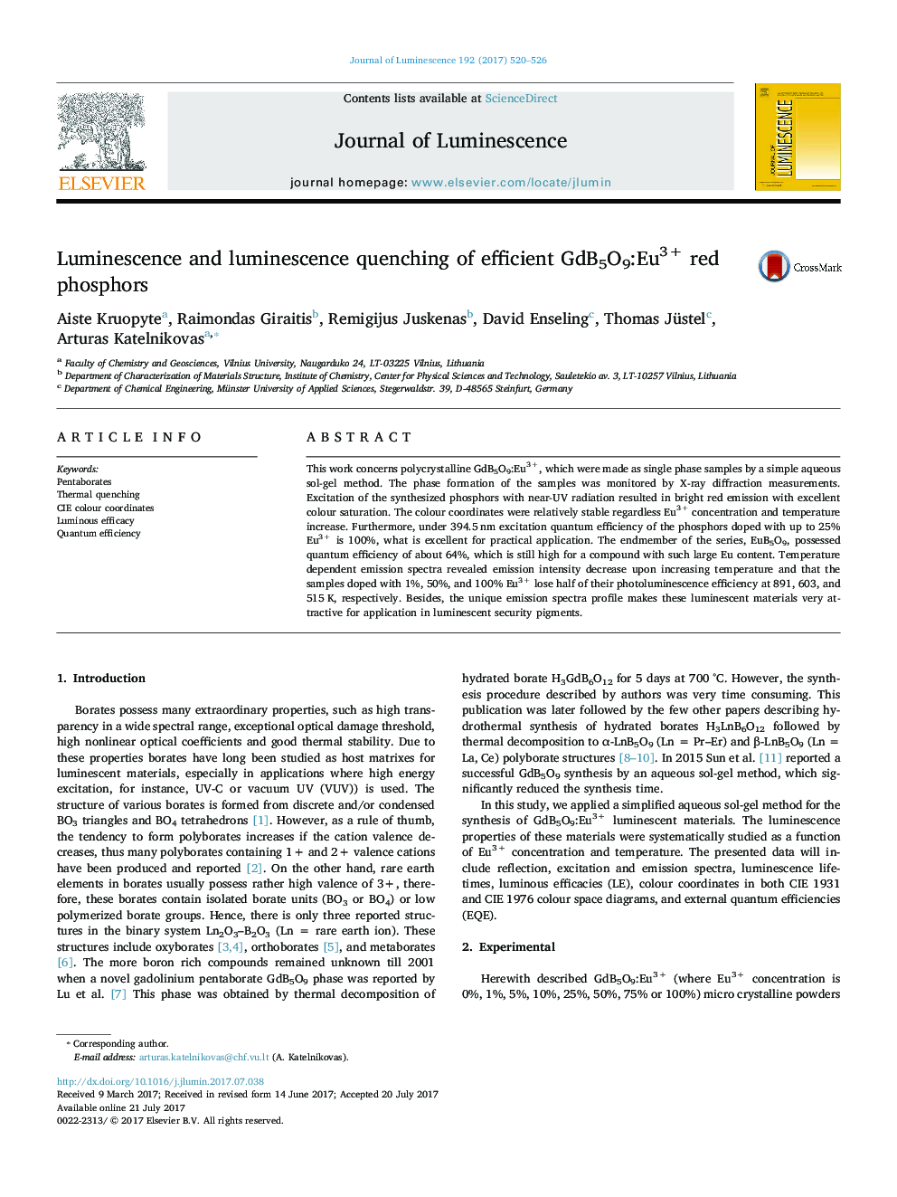 Luminescence and luminescence quenching of efficient GdB5O9:Eu3+ red phosphors