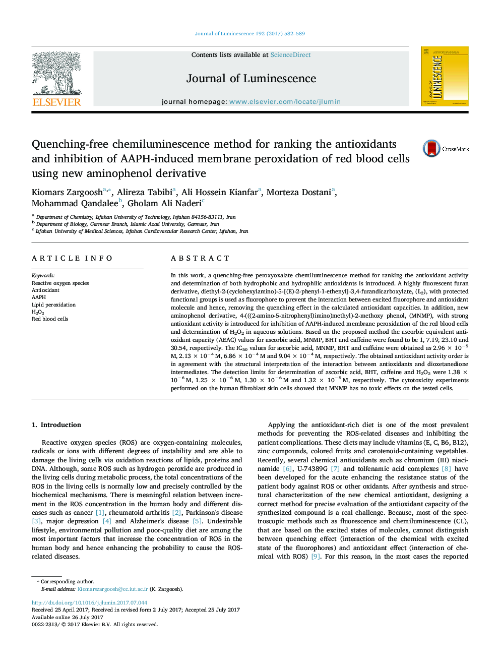 Quenching-free chemiluminescence method for ranking the antioxidants and inhibition of AAPH-induced membrane peroxidation of red blood cells using new aminophenol derivative