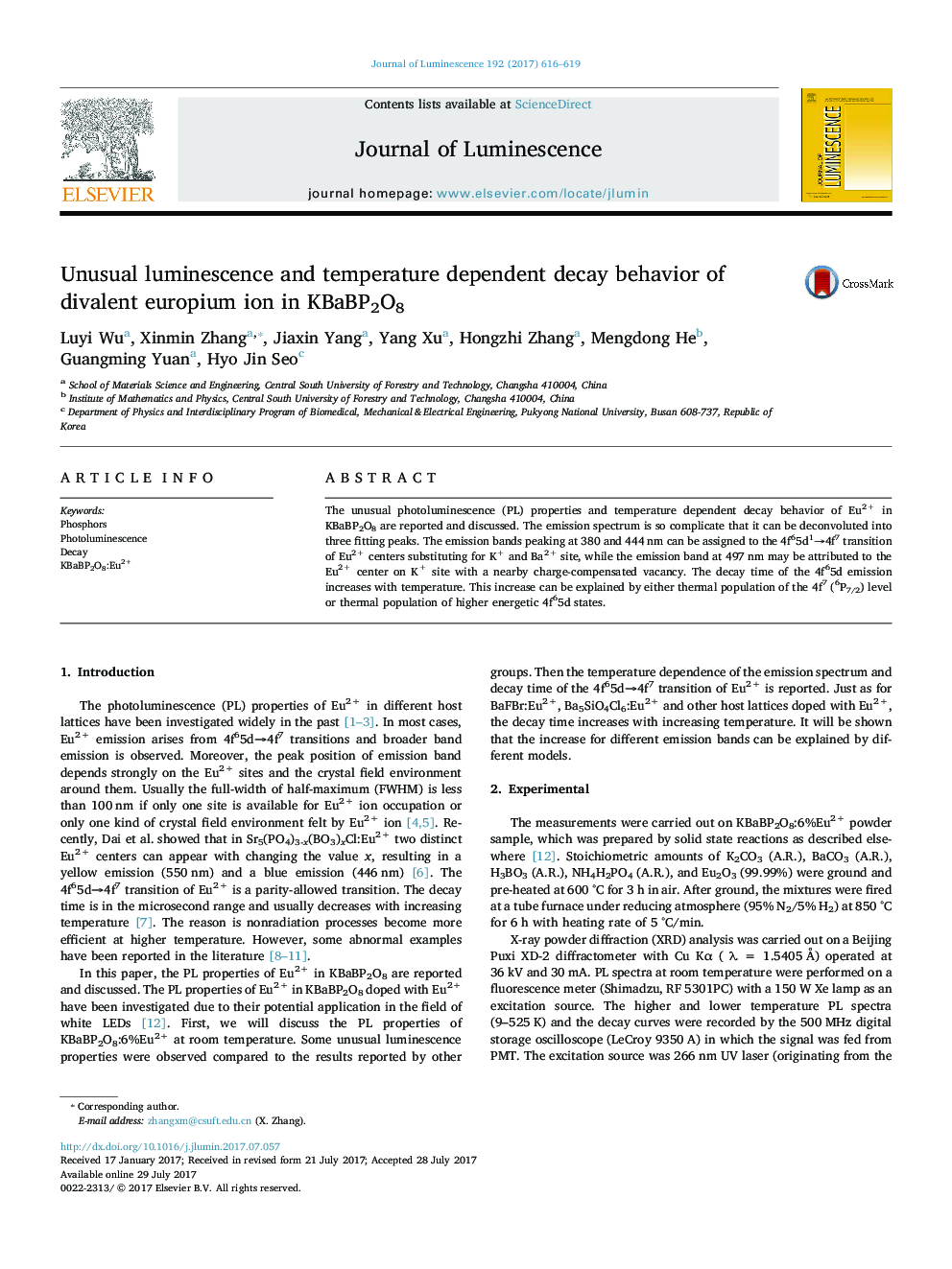 Unusual luminescence and temperature dependent decay behavior of divalent europium ion in KBaBP2O8