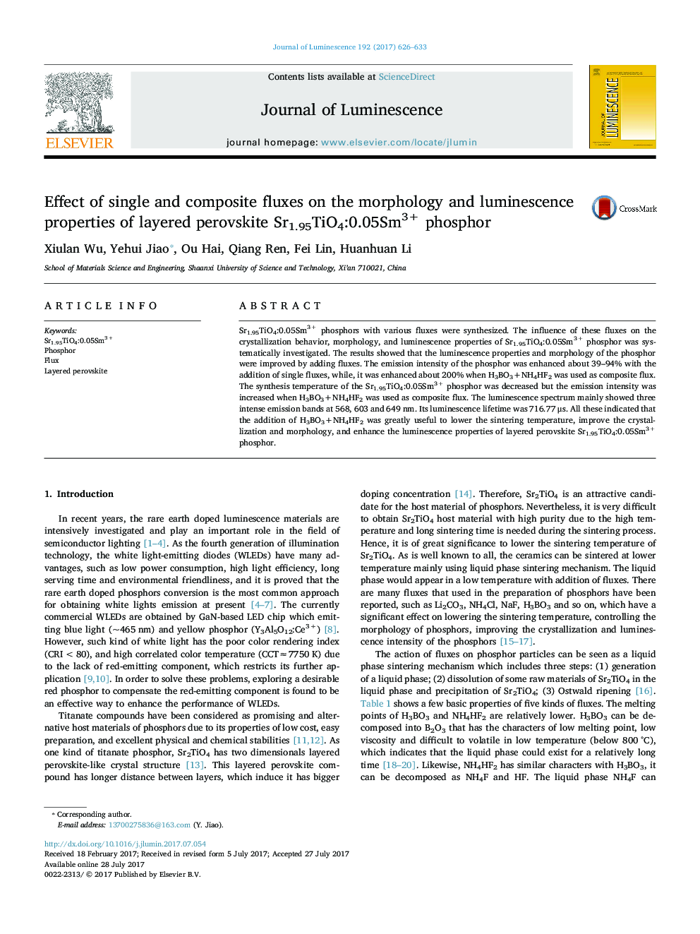 Effect of single and composite fluxes on the morphology and luminescence properties of layered perovskite Sr1.95TiO4:0.05Sm3+ phosphor