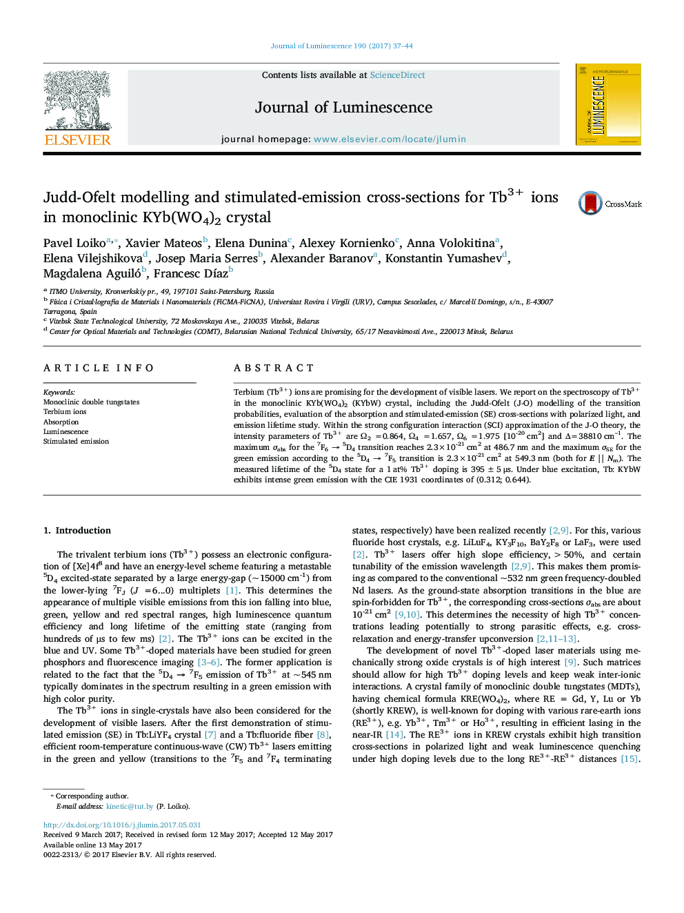 Judd-Ofelt modelling and stimulated-emission cross-sections for Tb3+ ions in monoclinic KYb(WO4)2 crystal