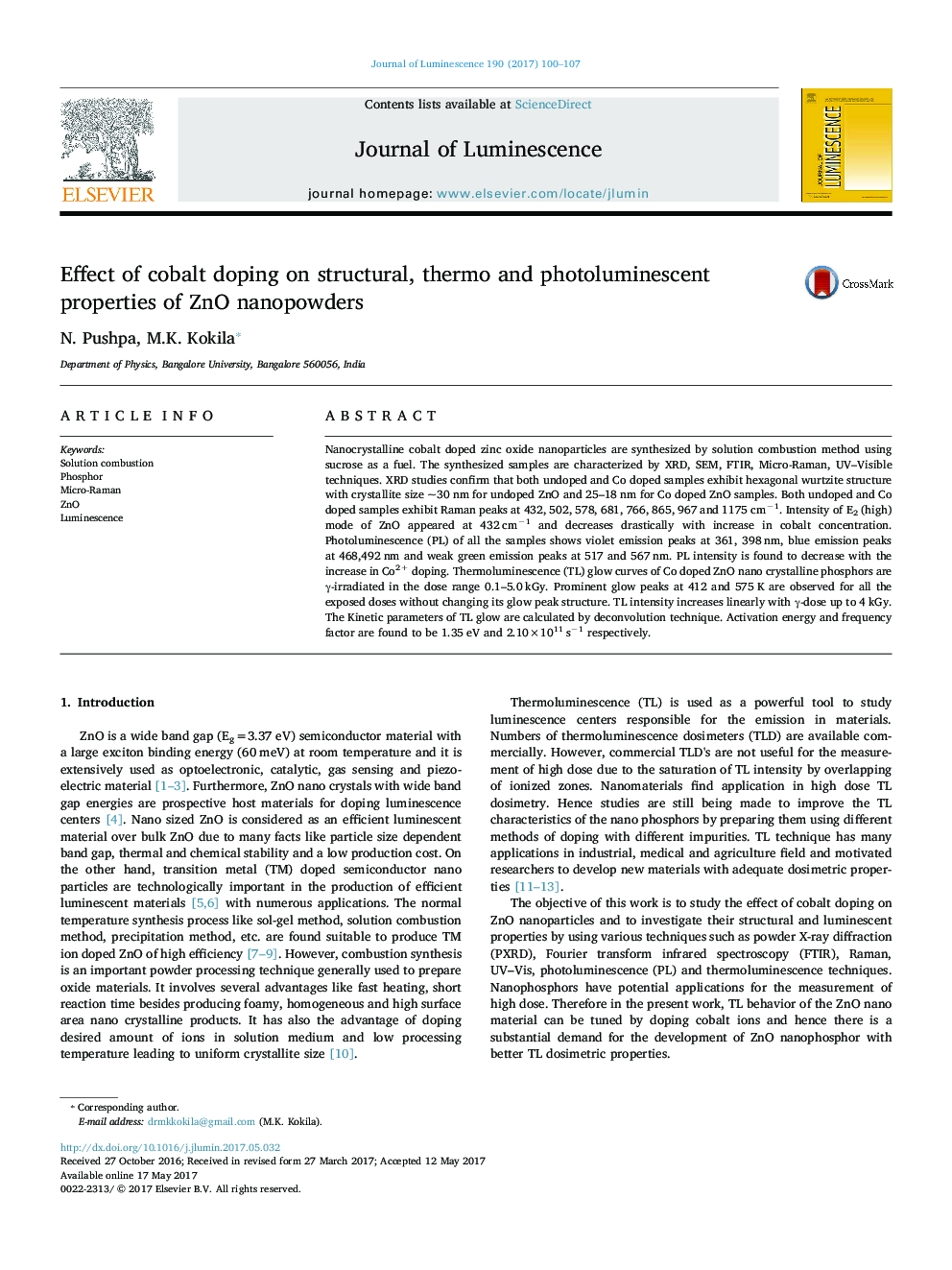 Effect of cobalt doping on structural, thermo and photoluminescent properties of ZnO nanopowders