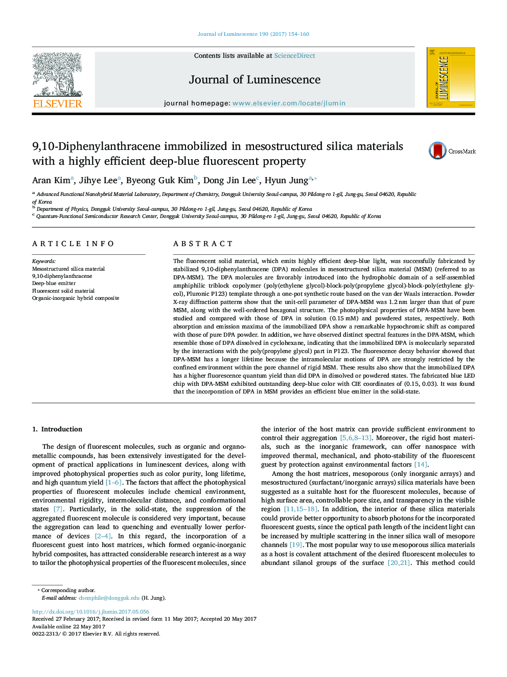 9,10-Diphenylanthracene immobilized in mesostructured silica materials with a highly efficient deep-blue fluorescent property