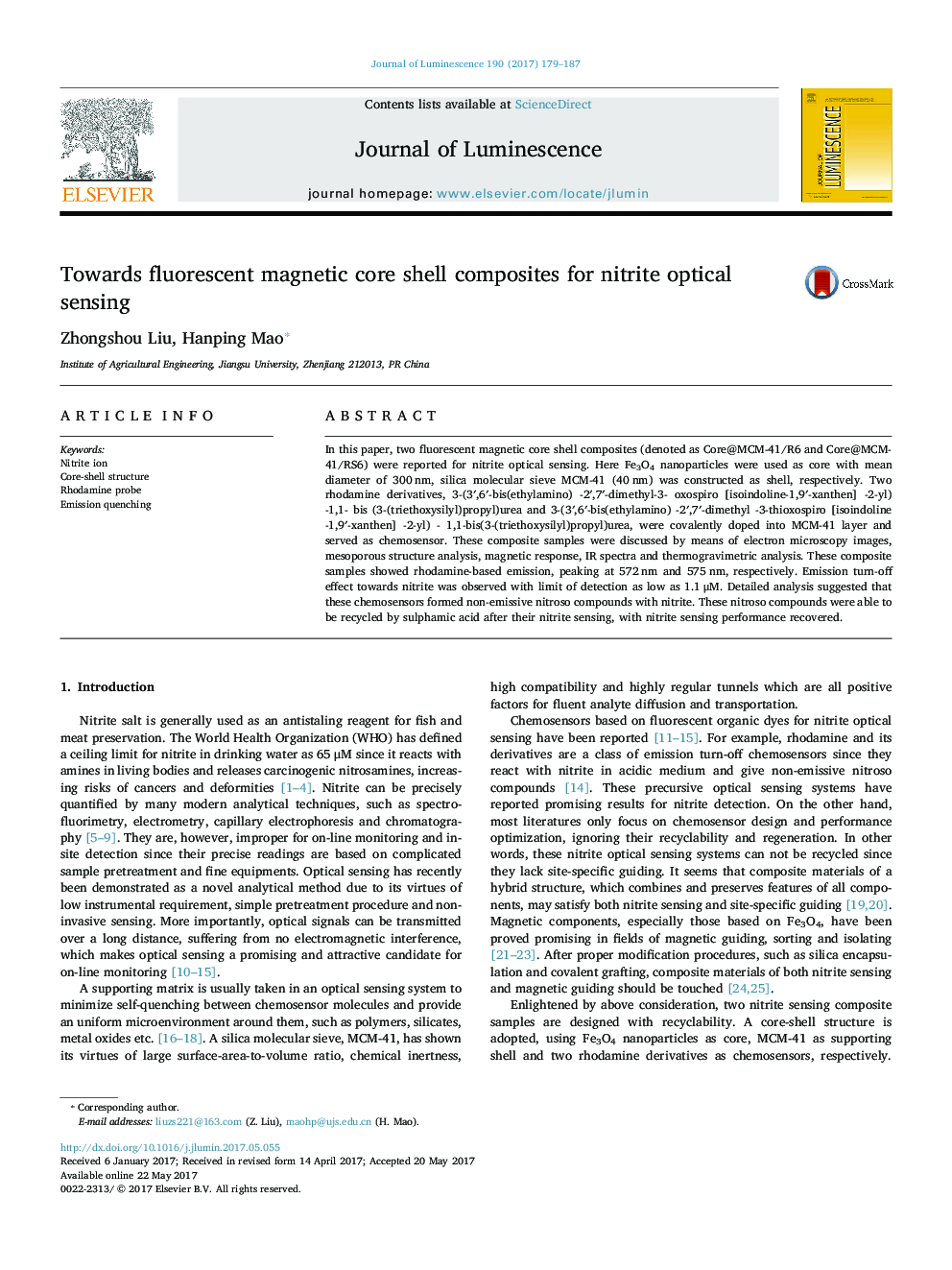 Towards fluorescent magnetic core shell composites for nitrite optical sensing