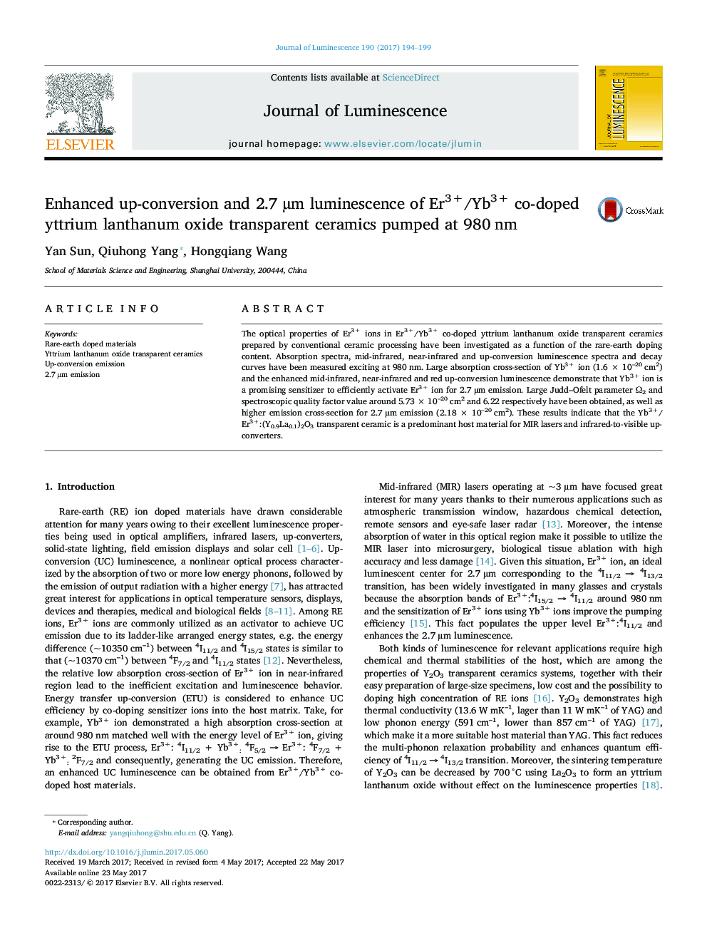 Enhanced up-conversion and 2.7Â Âµm luminescence of Er3+/Yb3+ co-doped yttrium lanthanum oxide transparent ceramics pumped at 980Â nm