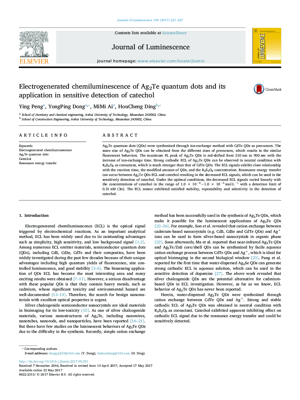 Electrogenerated chemiluminescence of Ag2Te quantum dots and its application in sensitive detection of catechol