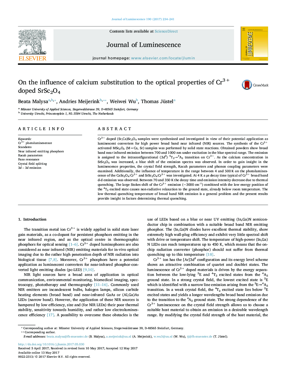 On the influence of calcium substitution to the optical properties of Cr3+ doped SrSc2O4