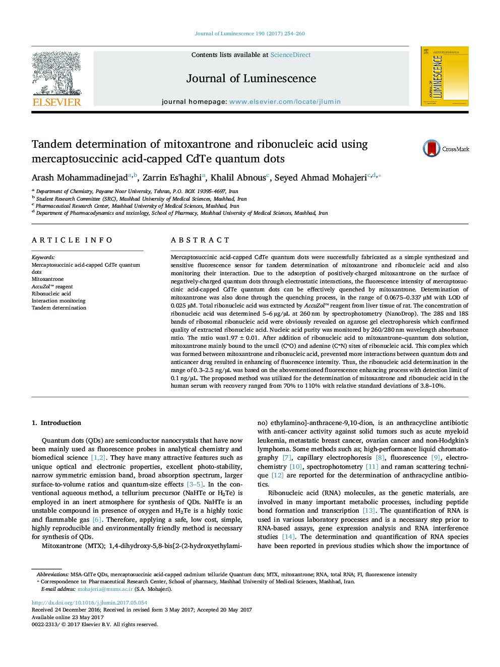 Tandem determination of mitoxantrone and ribonucleic acid using mercaptosuccinic acid-capped CdTe quantum dots