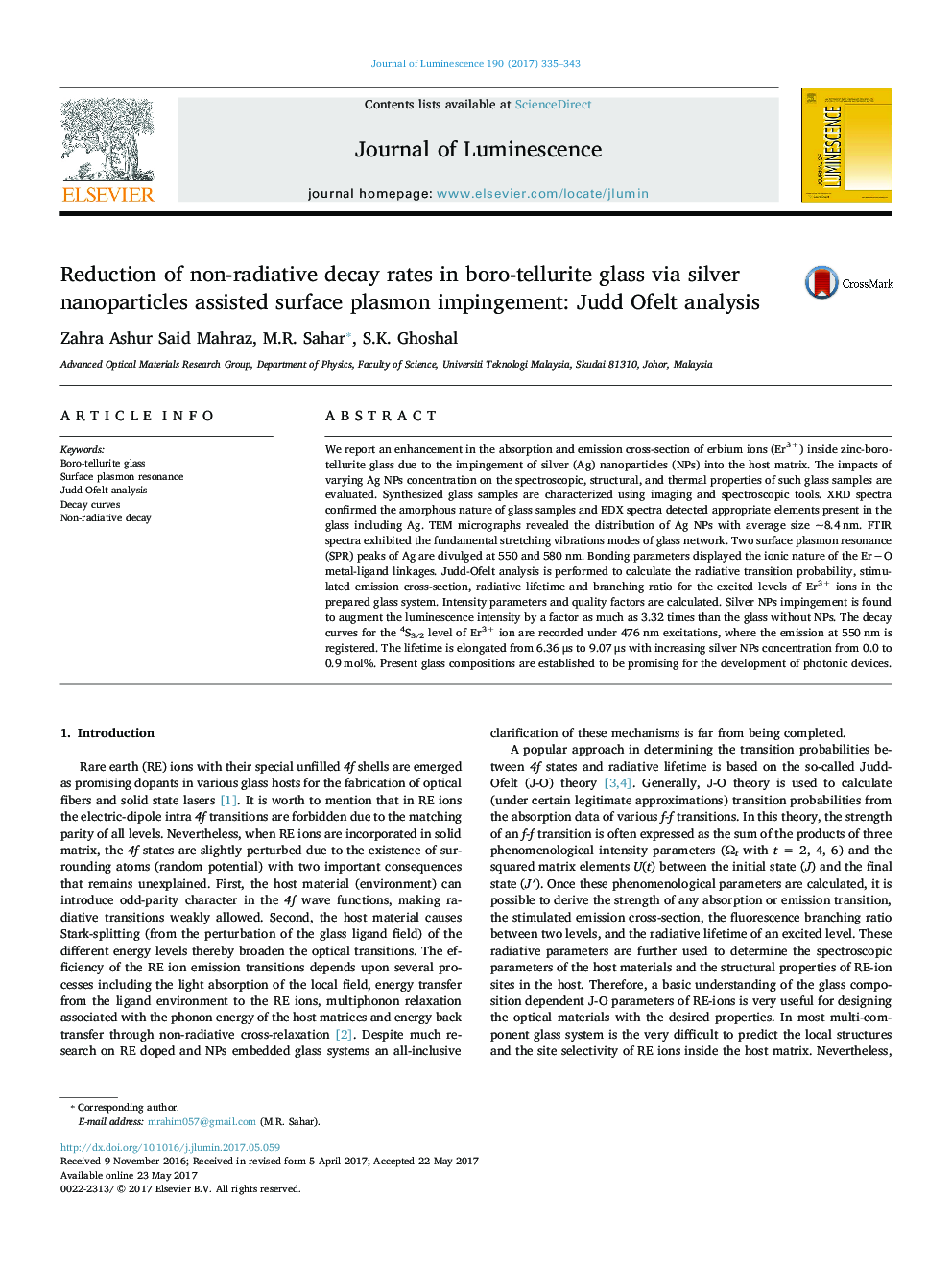 Reduction of non-radiative decay rates in boro-tellurite glass via silver nanoparticles assisted surface plasmon impingement: Judd Ofelt analysis