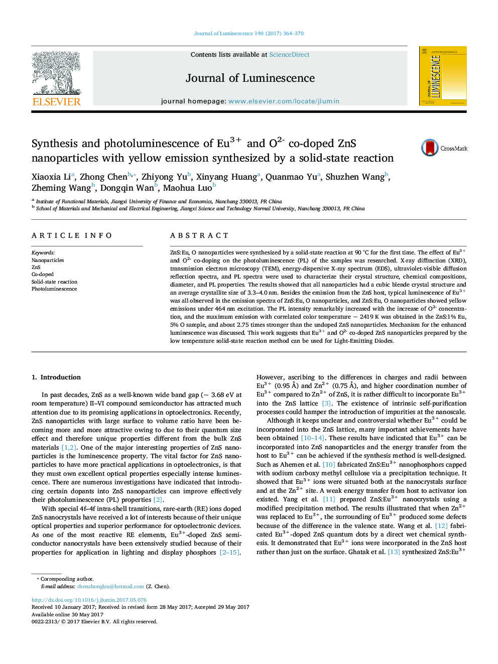 Synthesis and photoluminescence of Eu3+ and O2- co-doped ZnS nanoparticles with yellow emission synthesized by a solid-state reaction