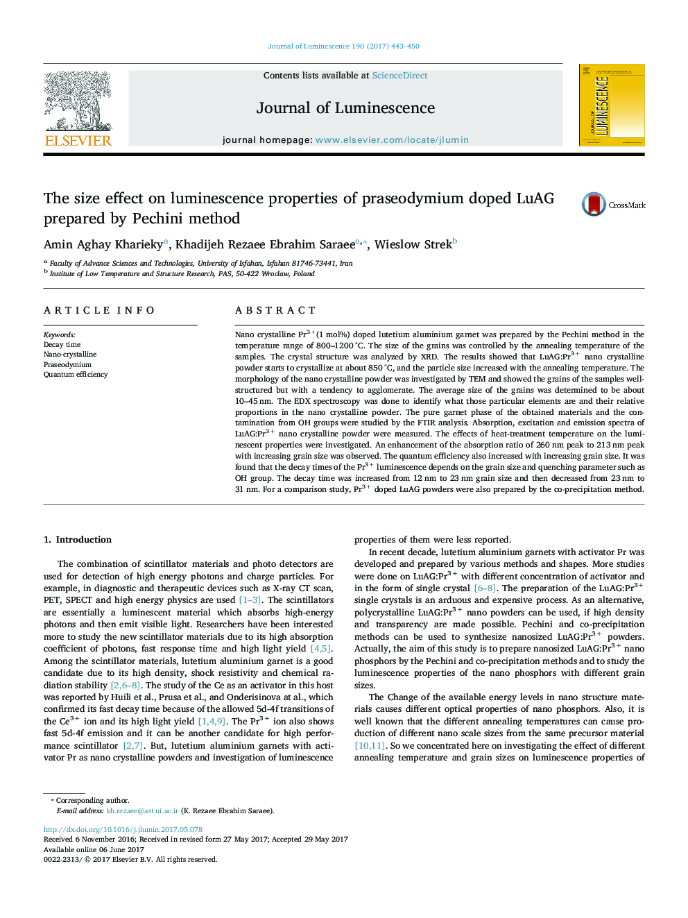 The size effect on luminescence properties of praseodymium doped LuAG prepared by Pechini method