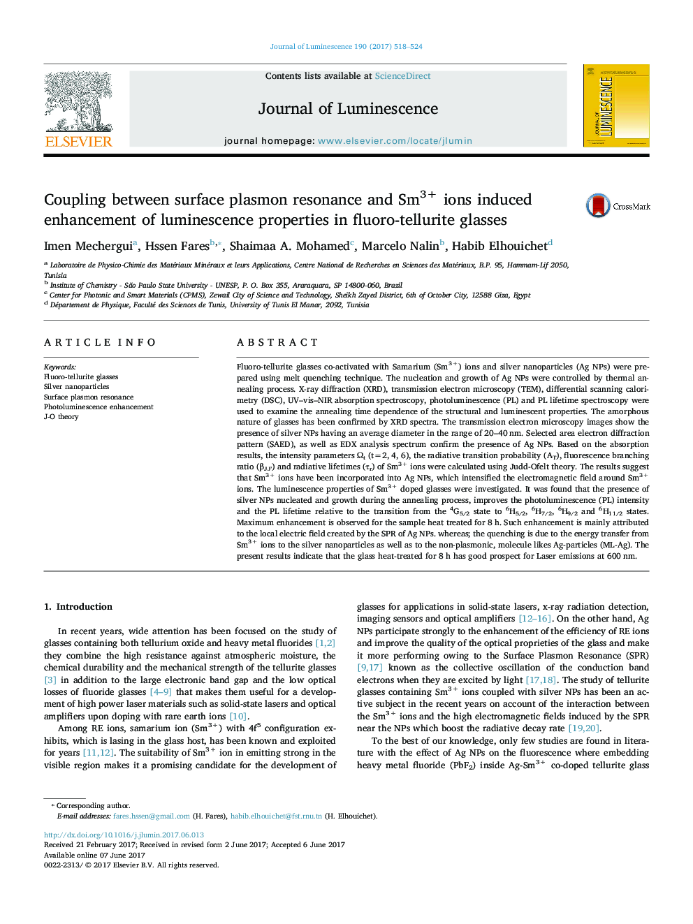 Coupling between surface plasmon resonance and Sm3+ ions induced enhancement of luminescence properties in fluoro-tellurite glasses