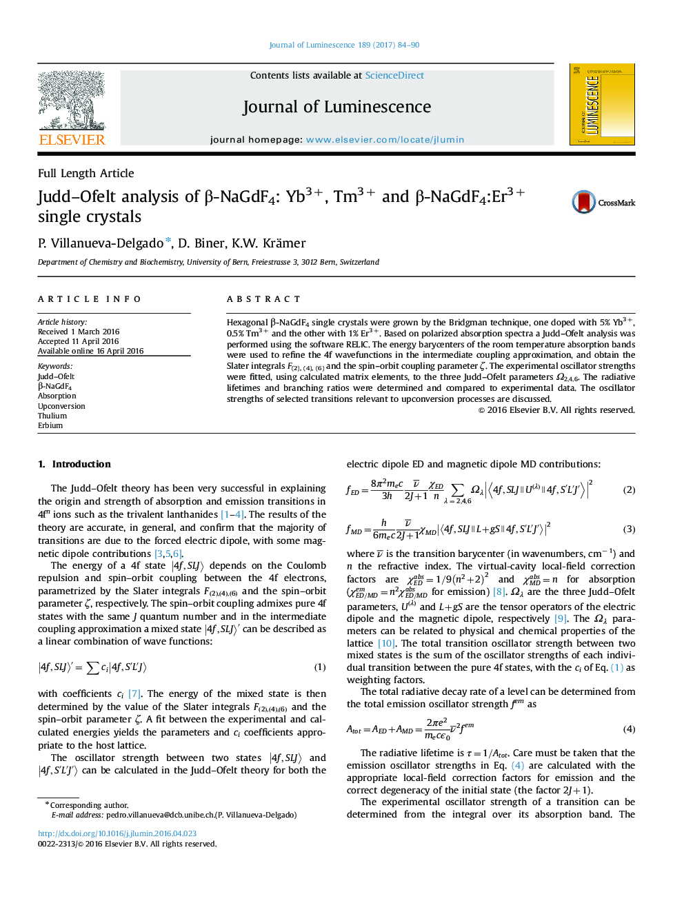 Judd-Ofelt analysis of Î²-NaGdF4: Yb3+, Tm3+ and Î²-NaGdF4:Er3+ single crystals