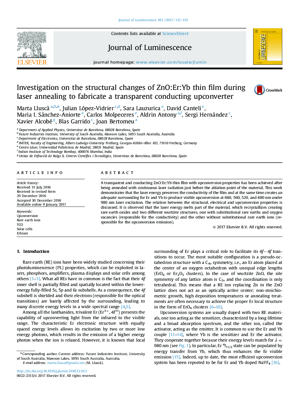 Investigation on the structural changes of ZnO:Er:Yb thin film during laser annealing to fabricate a transparent conducting upconverter