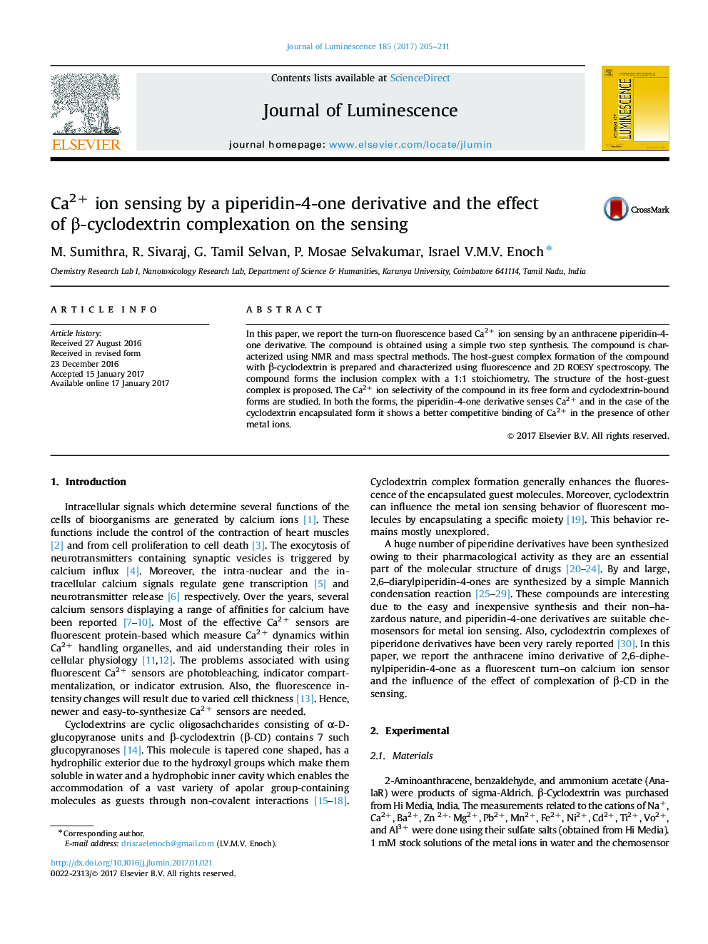 عکس صفحه اول مقاله: Ca2+ ion sensing by a piperidin-4-one derivative and the effect of β-cyclodextrin complexation on the sensing Ca2+ ion sensing by a piperidin-4-one derivative and the effect of β-cyclodextrin complexation on the sensing