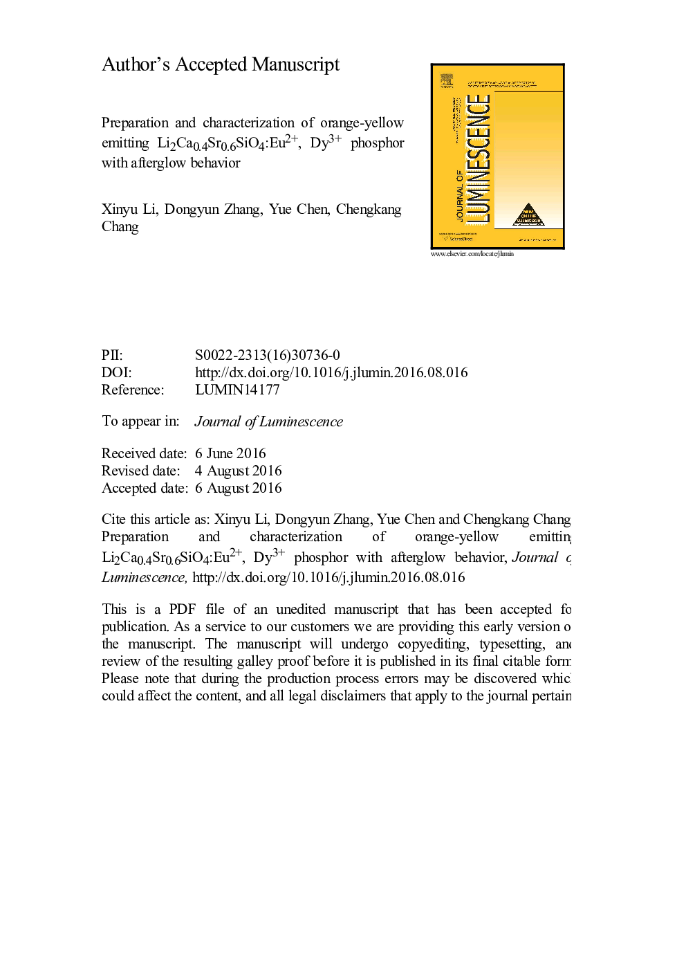 عکس صفحه اول مقاله: Preparation and characterization of orange-yellow emitting Li2Ca0.4Sr0.6SiO4:Eu2+, Dy3+ phosphor with afterglow behavior Preparation and characterization of orange-yellow emitting Li2Ca0.4Sr0.6SiO4:Eu2+, Dy3+ phosphor with afterglow behavior
