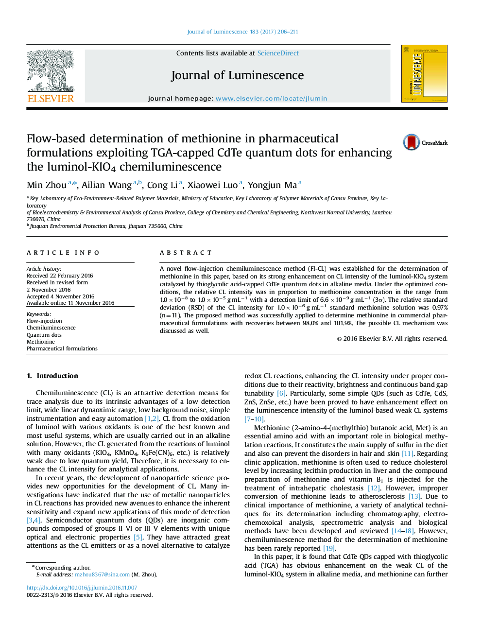 Flow-based determination of methionine in pharmaceutical formulations exploiting TGA-capped CdTe quantum dots for enhancing the luminol-KIO4 chemiluminescence