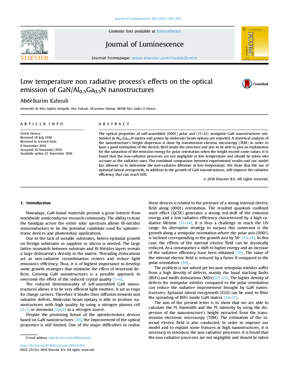 عکس صفحه اول مقاله: Low temperature non radiative process's effects on the optical emission of GaN/Al0.5Ga0.5N nanostructures Low temperature non radiative process's effects on the optical emission of GaN/Al0.5Ga0.5N nanostructures