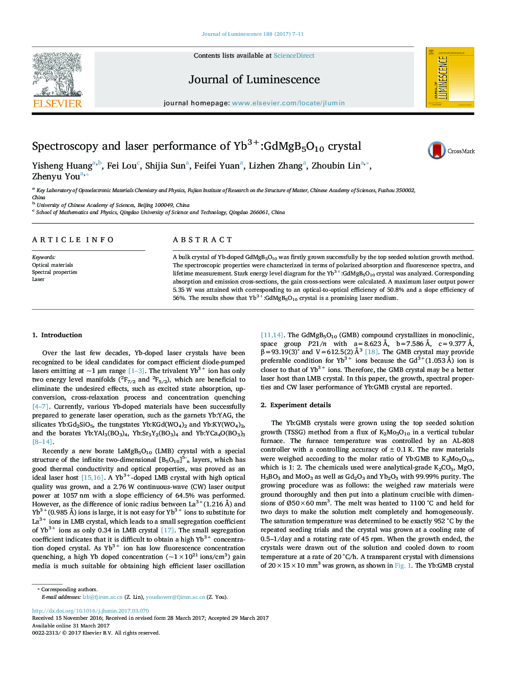 Spectroscopy and laser performance of Yb3+:GdMgB5O10 crystal