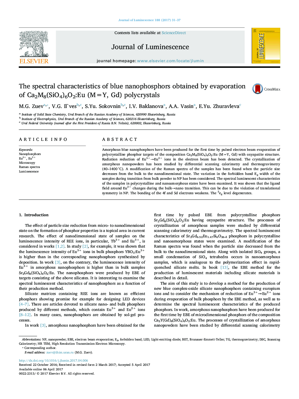 The spectral characteristics of blue nanophosphors obtained by evaporation of Ca2M8(SiO4)6O2:Eu (M=Y, Gd) polycrystals