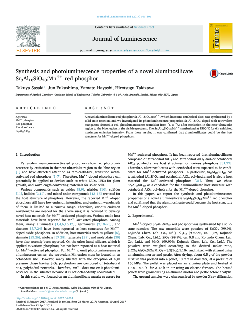 Synthesis and photoluminescence properties of a novel aluminosilicate Sr3Al10SiO20:Mn4+ red phosphor