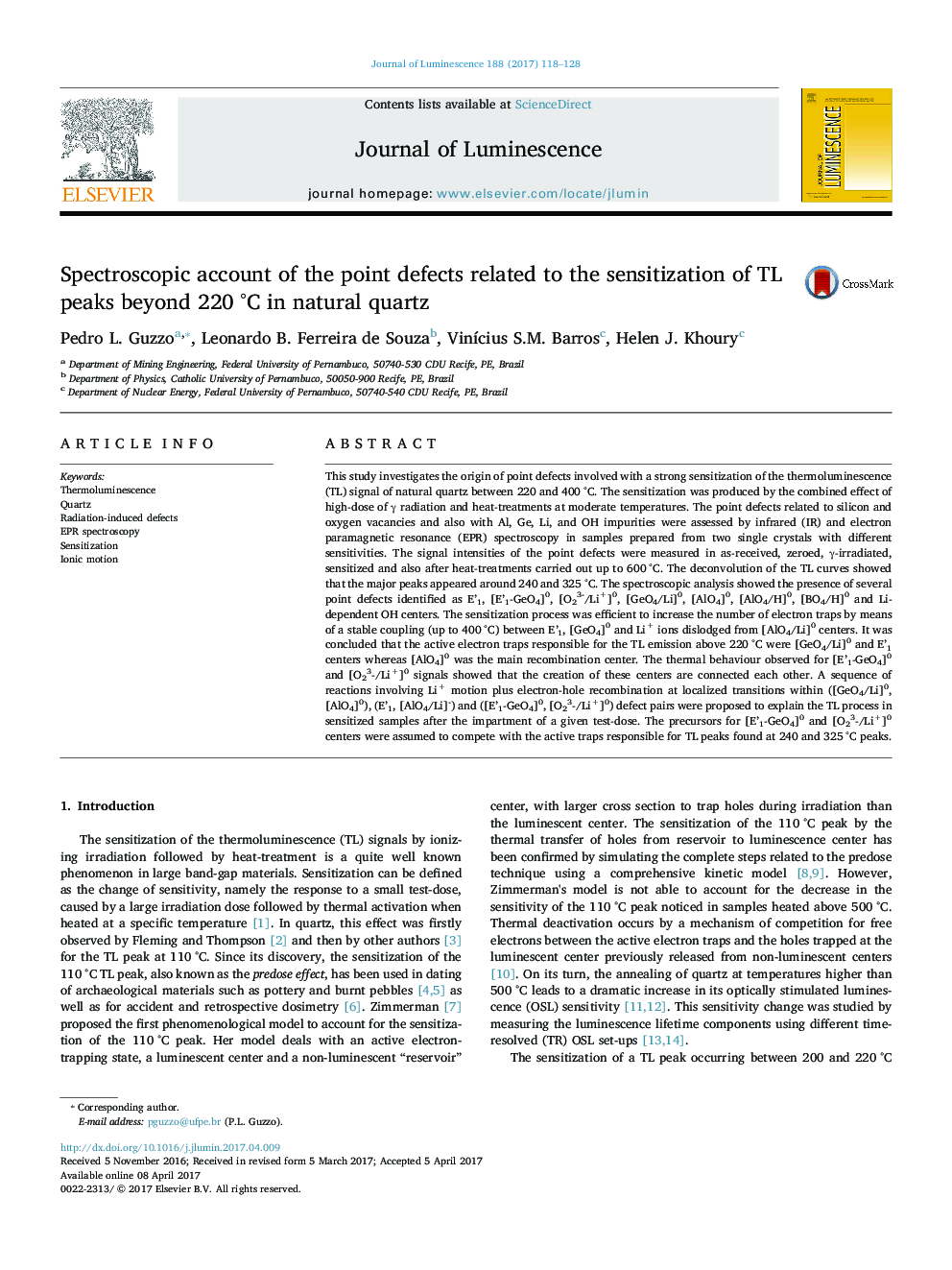 Spectroscopic account of the point defects related to the sensitization of TL peaks beyond 220Â Â°C in natural quartz