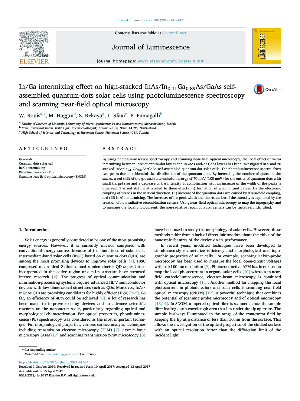 In/Ga intermixing effect on high-stacked InAs/In0.11Ga0.89As/GaAs self-assembled quantum-dots solar cells using photoluminescence spectroscopy and scanning near-field optical microscopy