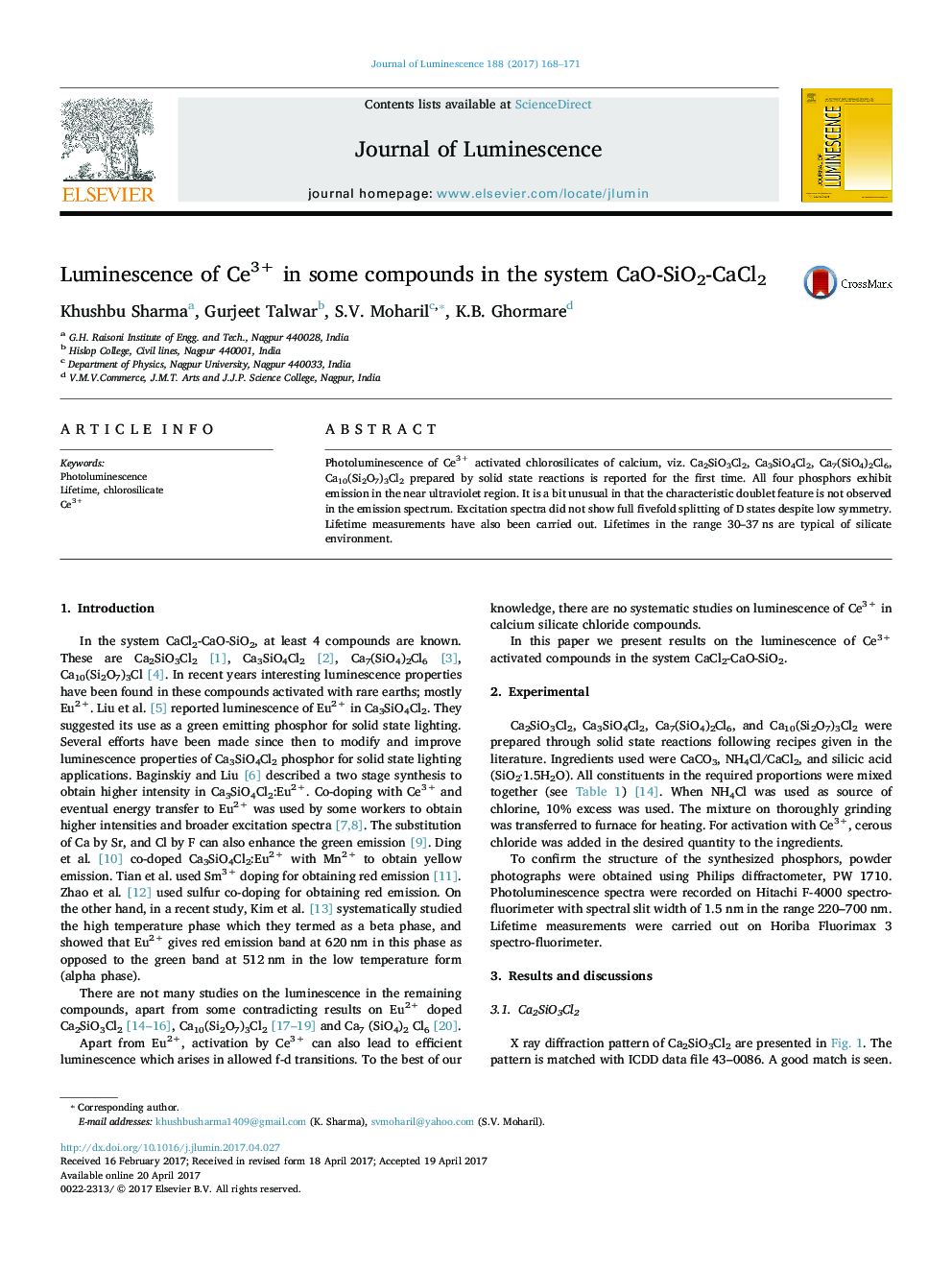 Luminescence of Ce3+ in some compounds in the system CaO-SiO2-CaCl2