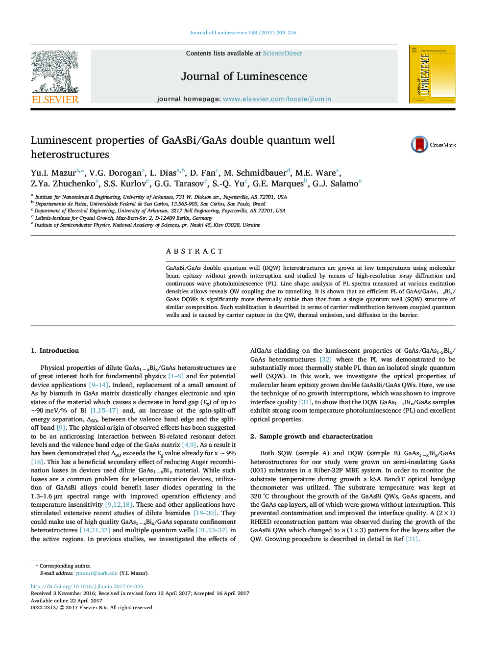 عکس صفحه اول مقاله: Luminescent properties of GaAsBi/GaAs double quantum well heterostructures Luminescent properties of GaAsBi/GaAs double quantum well heterostructures